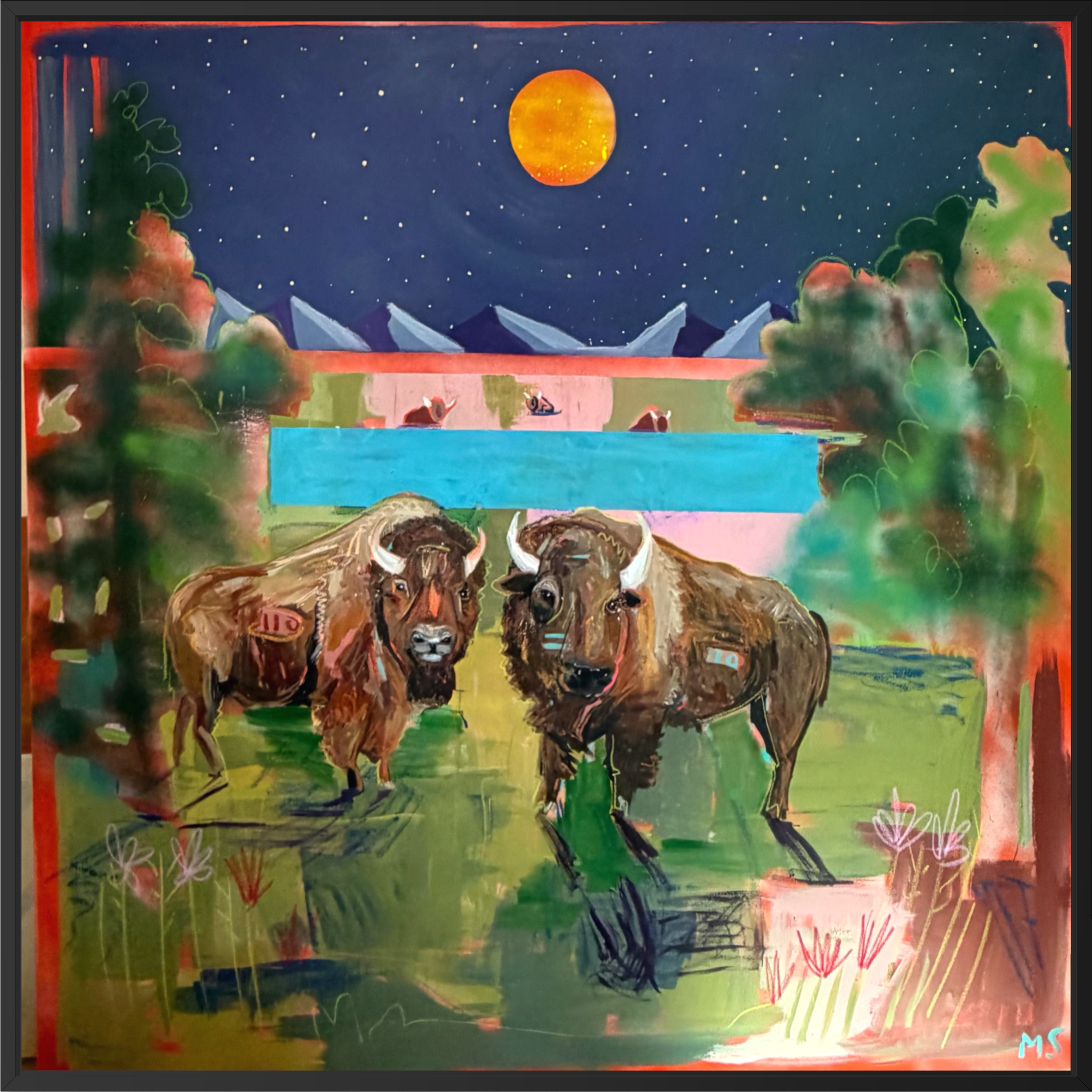 Contemporary buffalo painting of two bison beneath a glowing full moon in deep blue, green, brown, and golden tones, titled Bison Boys.