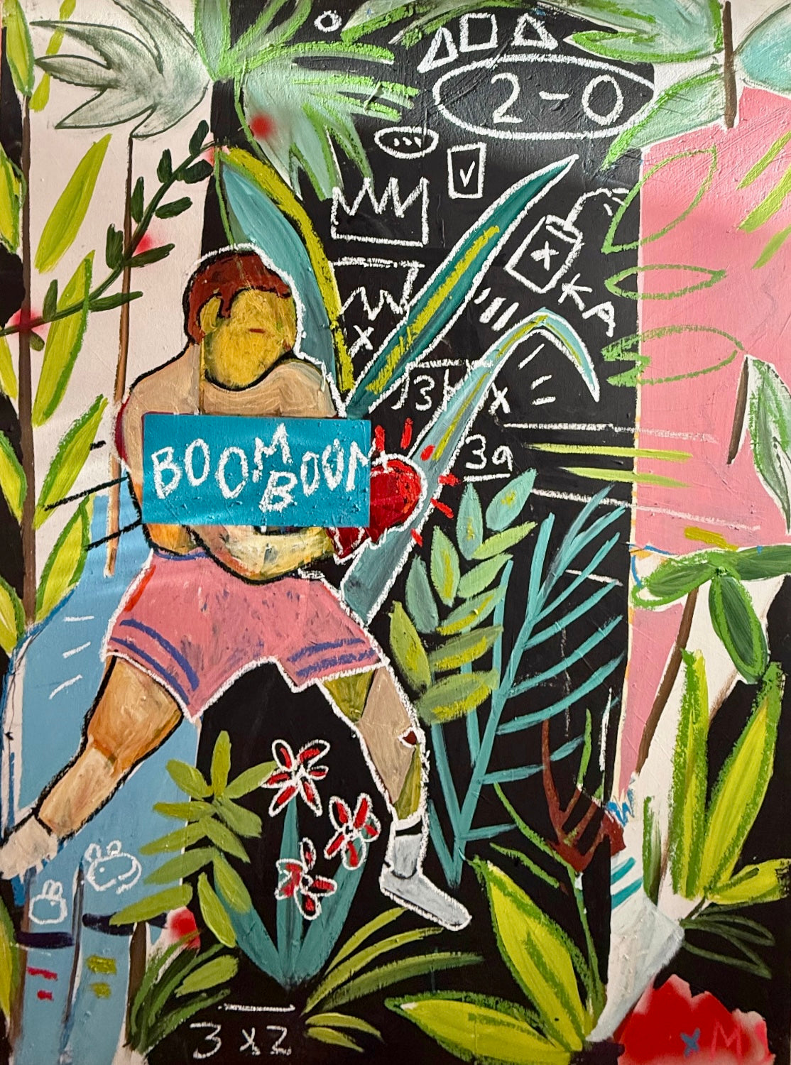 Artistic depiction of a person with surfboards, surrounded by tropical plants and abstract elements.