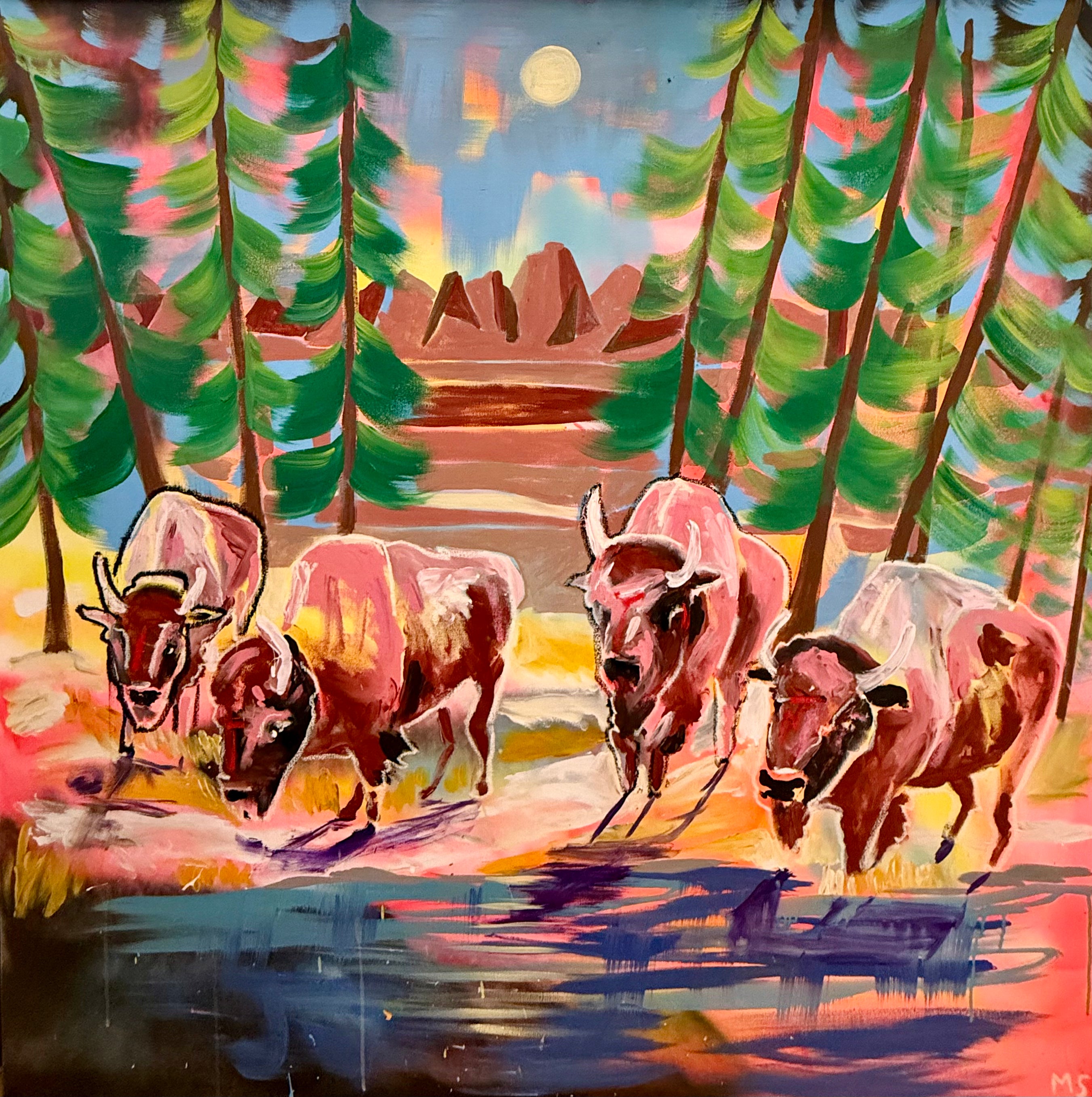 Painting of four cows walking through a forest with a lake and mountains in the background.