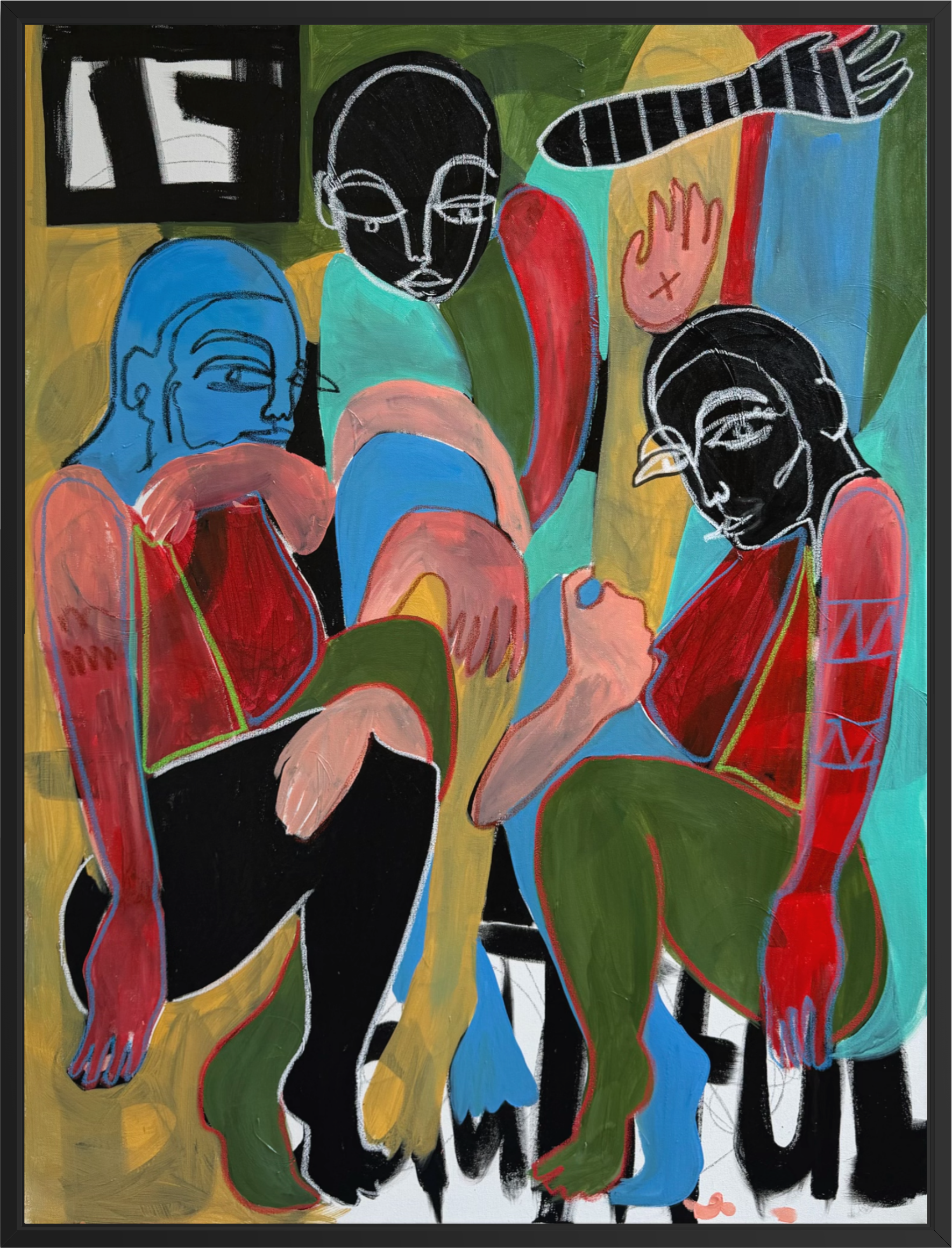 Come Hangout contemporary figurative art print featuring expressive abstract figures in bold colors on a 16 x 20 wall art print.
