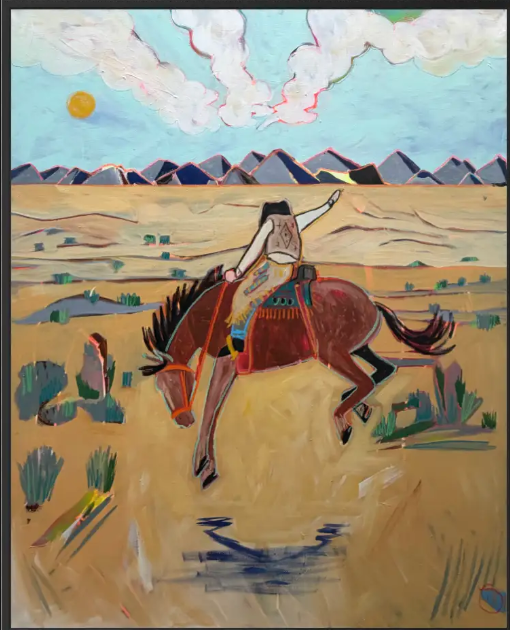 A stylish painting of a person riding a brown horse across a desert landscape with mountains, a blue sky, white clouds, and a sun. 