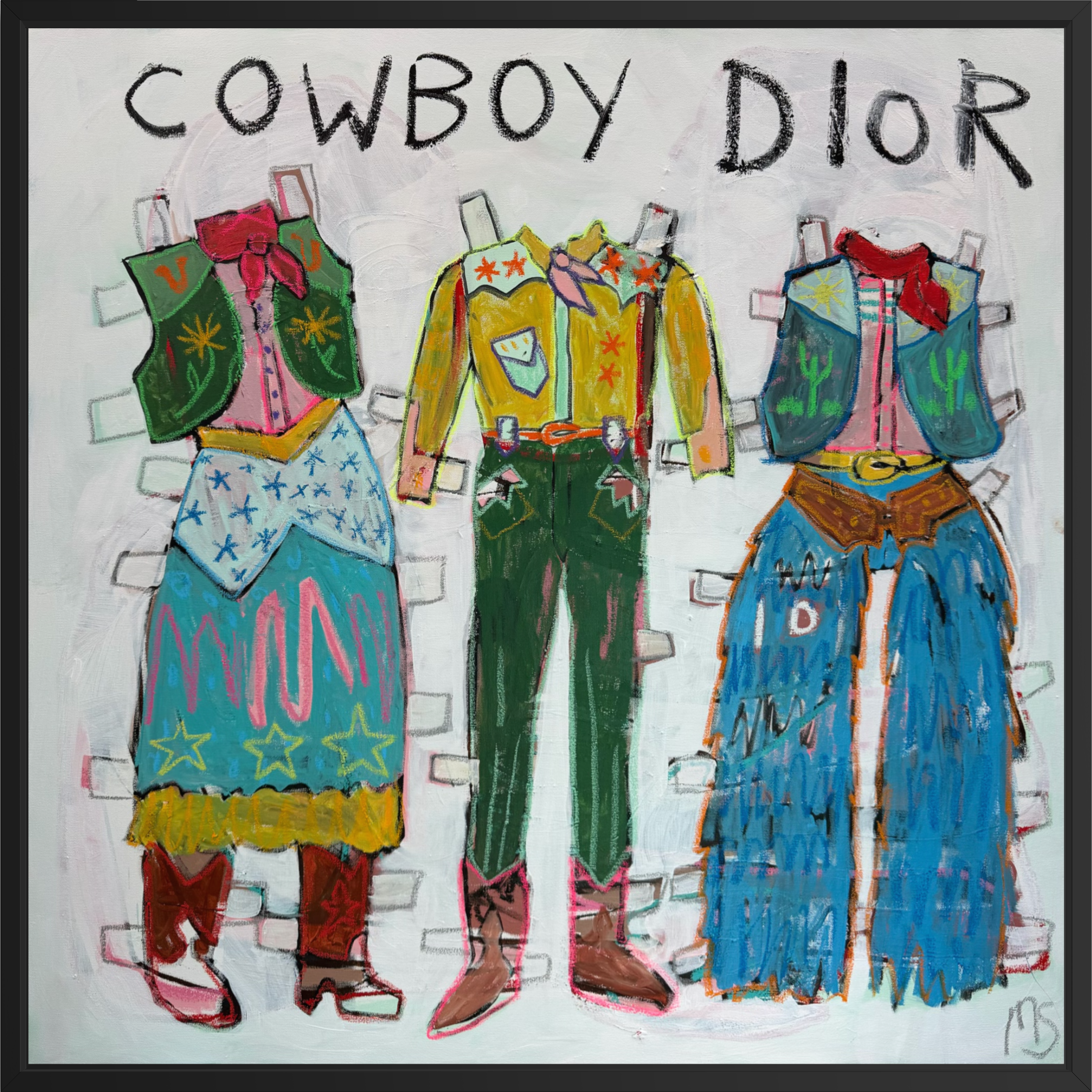 A stylized artwork showing three colorful cowboy outfits arranged side by side on a white background, with the words 'COWBOY DIOR' written across the top.

