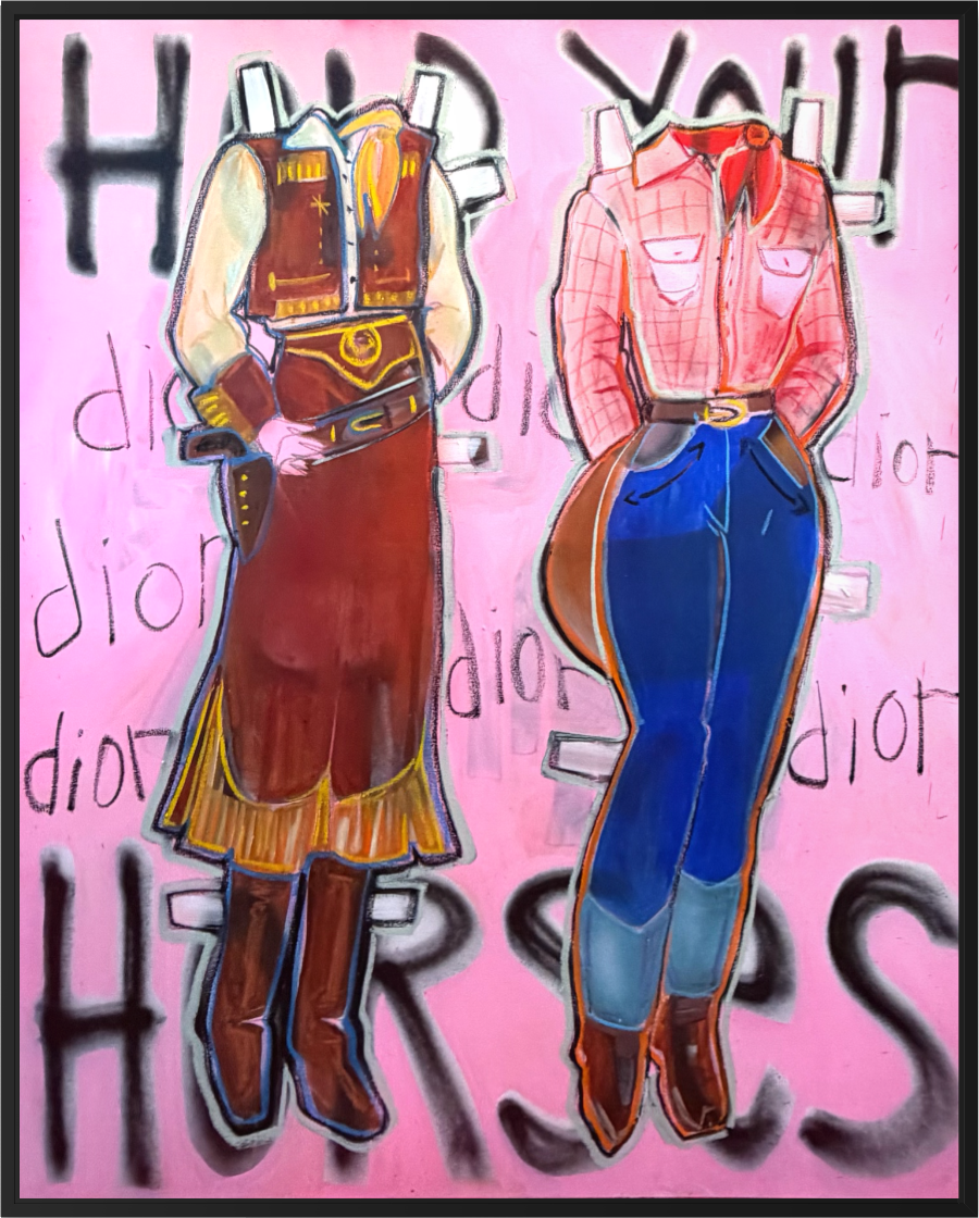 Contemporary western painting of two colorful cowboy-inspired outfits in pink, blue, brown, and gold tones, titled Cowboy Dior Dior No. 08.