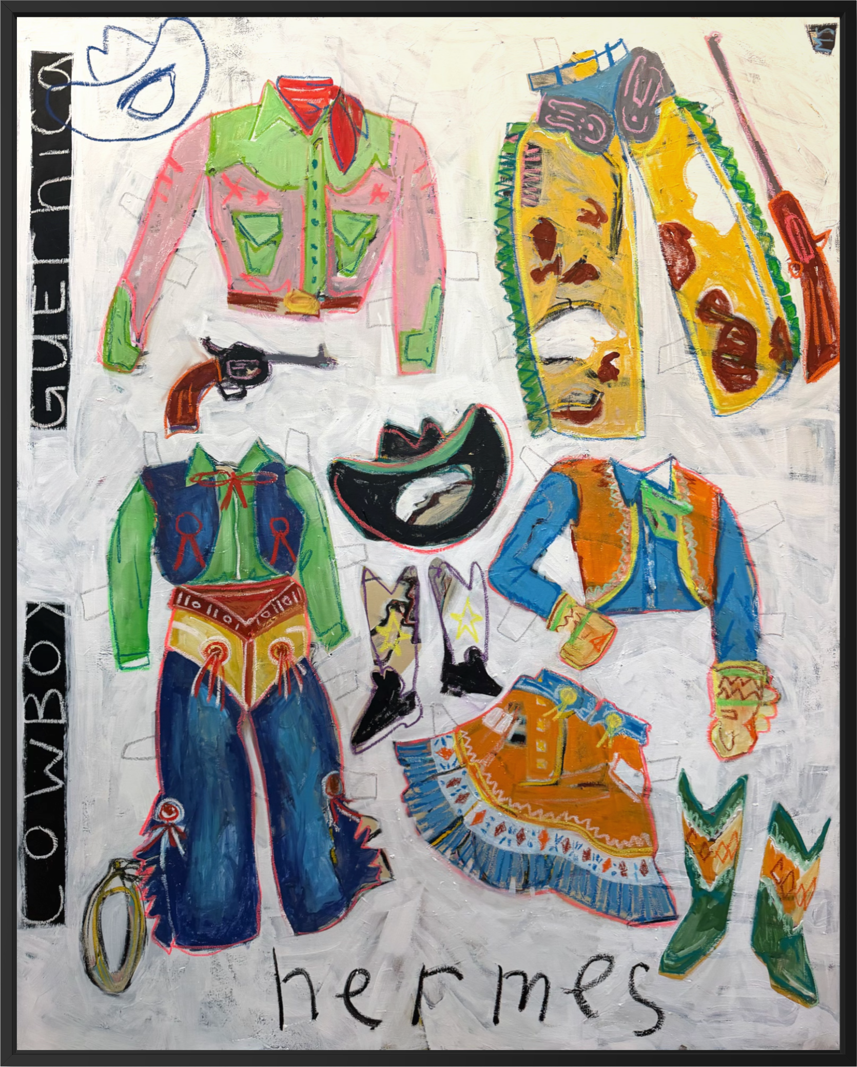 Contemporary fashion painting of cowboy clothing, boots, hats, and accessories in vibrant green, blue, yellow, pink, and brown tones, titled Cowboy Hermes. No. 22.