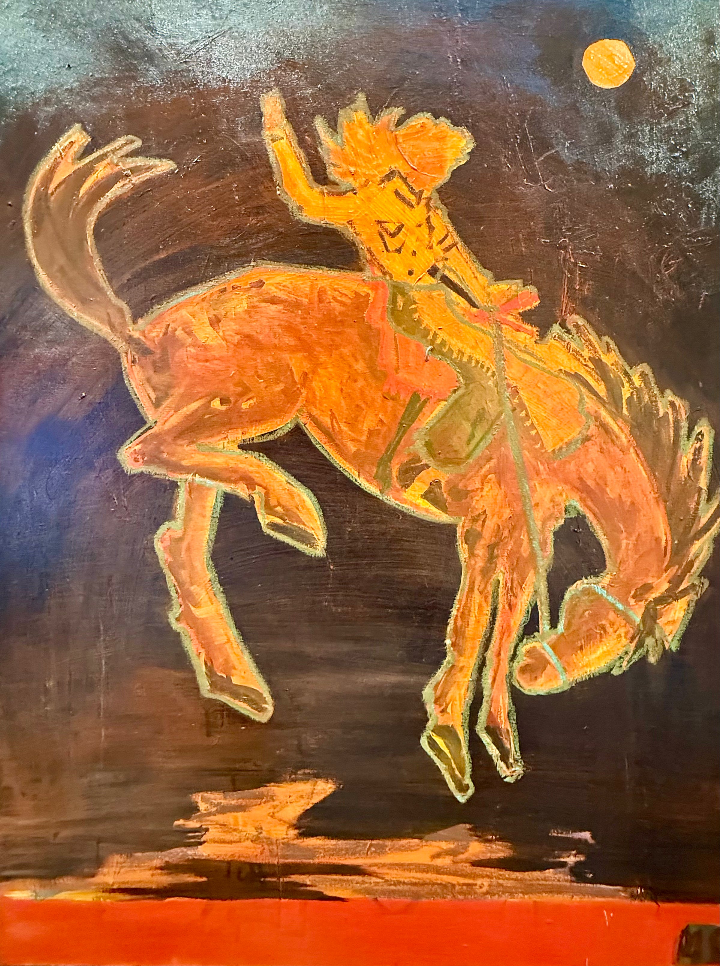 Painting of a cowboy riding a horse with a dark background.