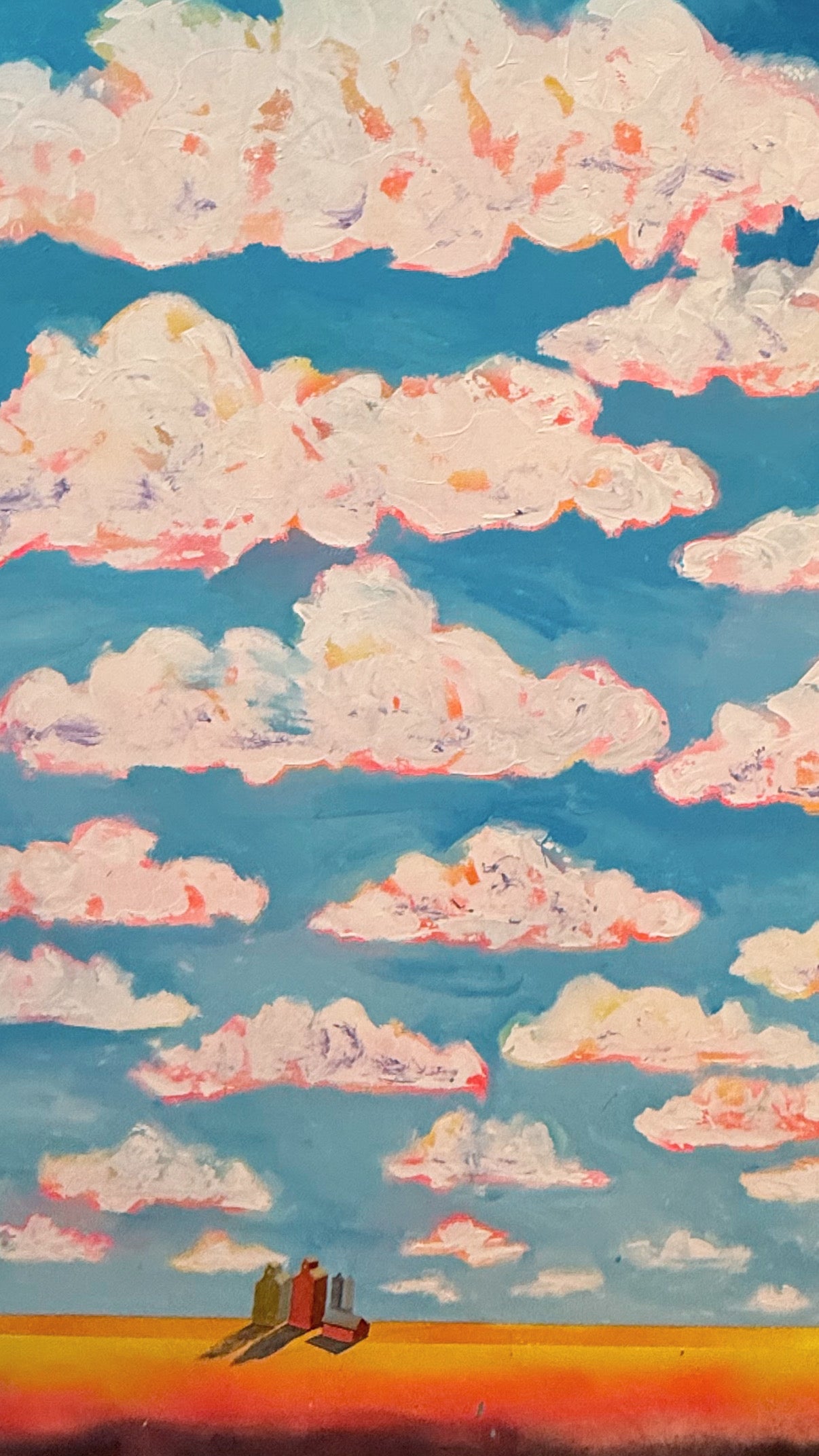 Cloud wall art painting with dramatic  clouds, blue sky, and a vibrant horizon, created with acrylic, oil stick, and spray paint on canvas.