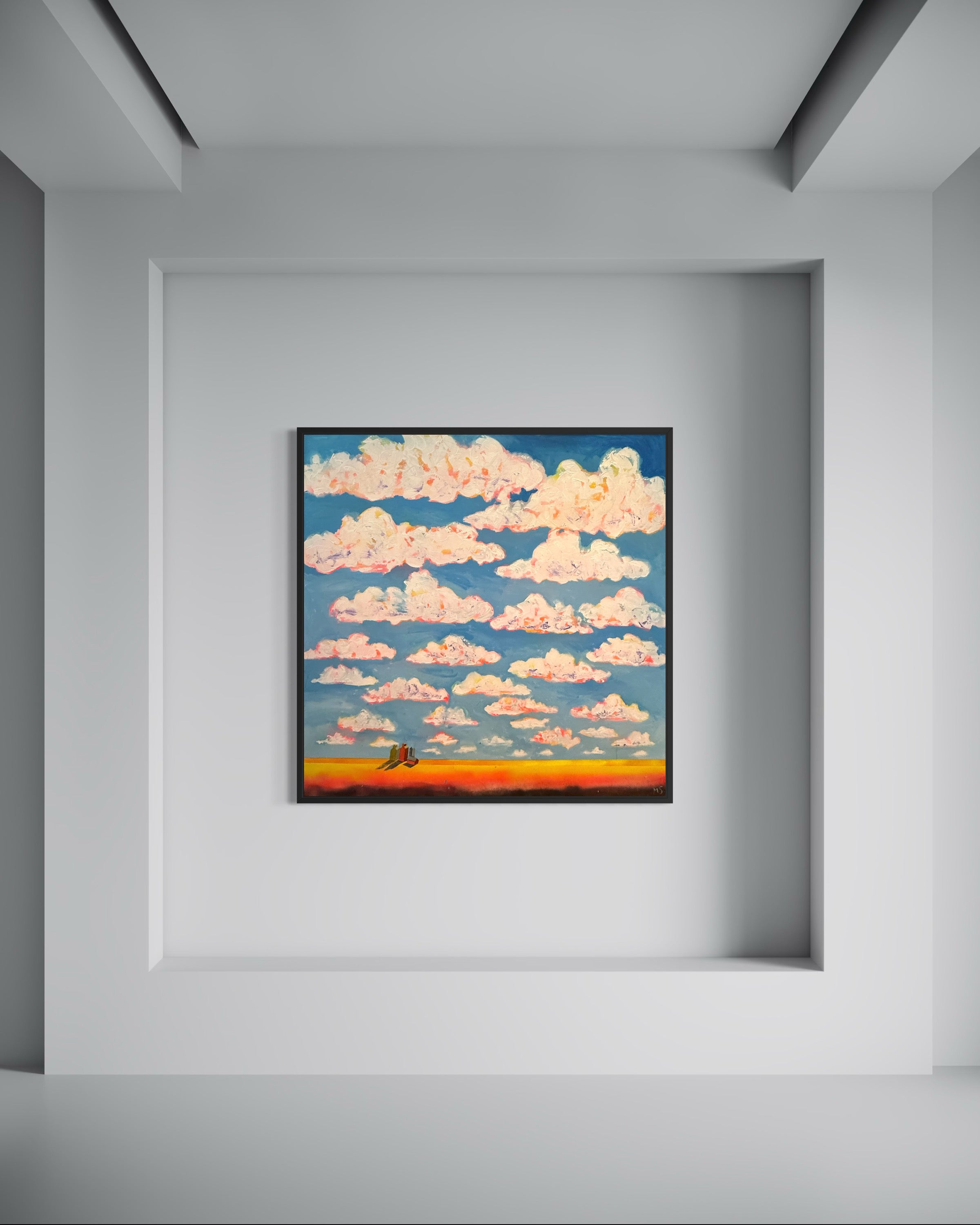 Framed artwork of a cloud-filled sky with a sunset in a modern room.