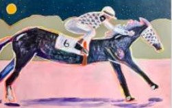 A stylized painting of a horse racing scene, showing a dark horse with a jockey in a white outfit on a pink ground under a blue sky with a yellow sun.