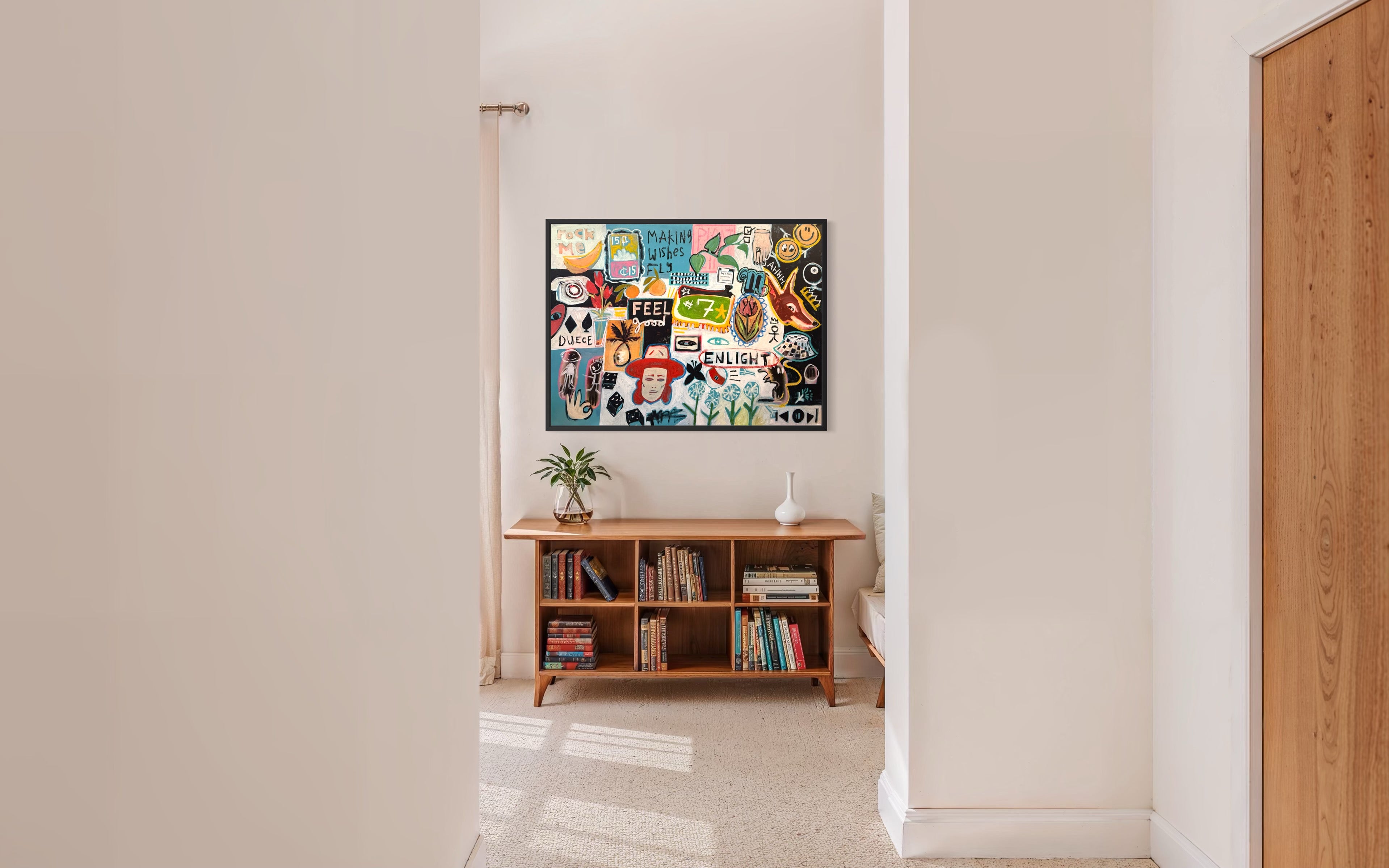 Original mixed media fox painting displayed above a wooden console in a modern living room.
