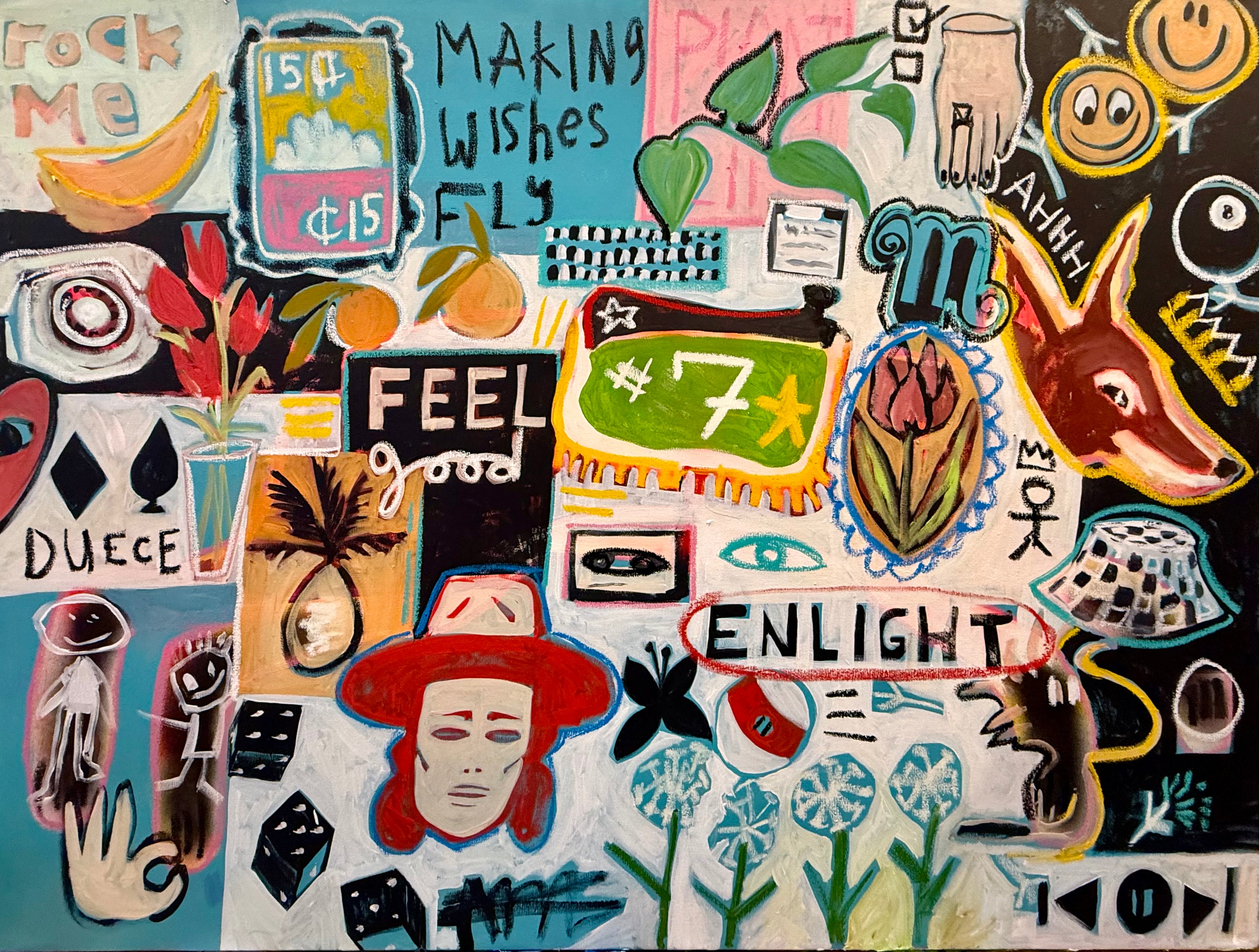 Original contemporary fox painting featuring expressive mixed-media symbols and a red fox, created with acrylic, oil stick, and spray paint on canvas.