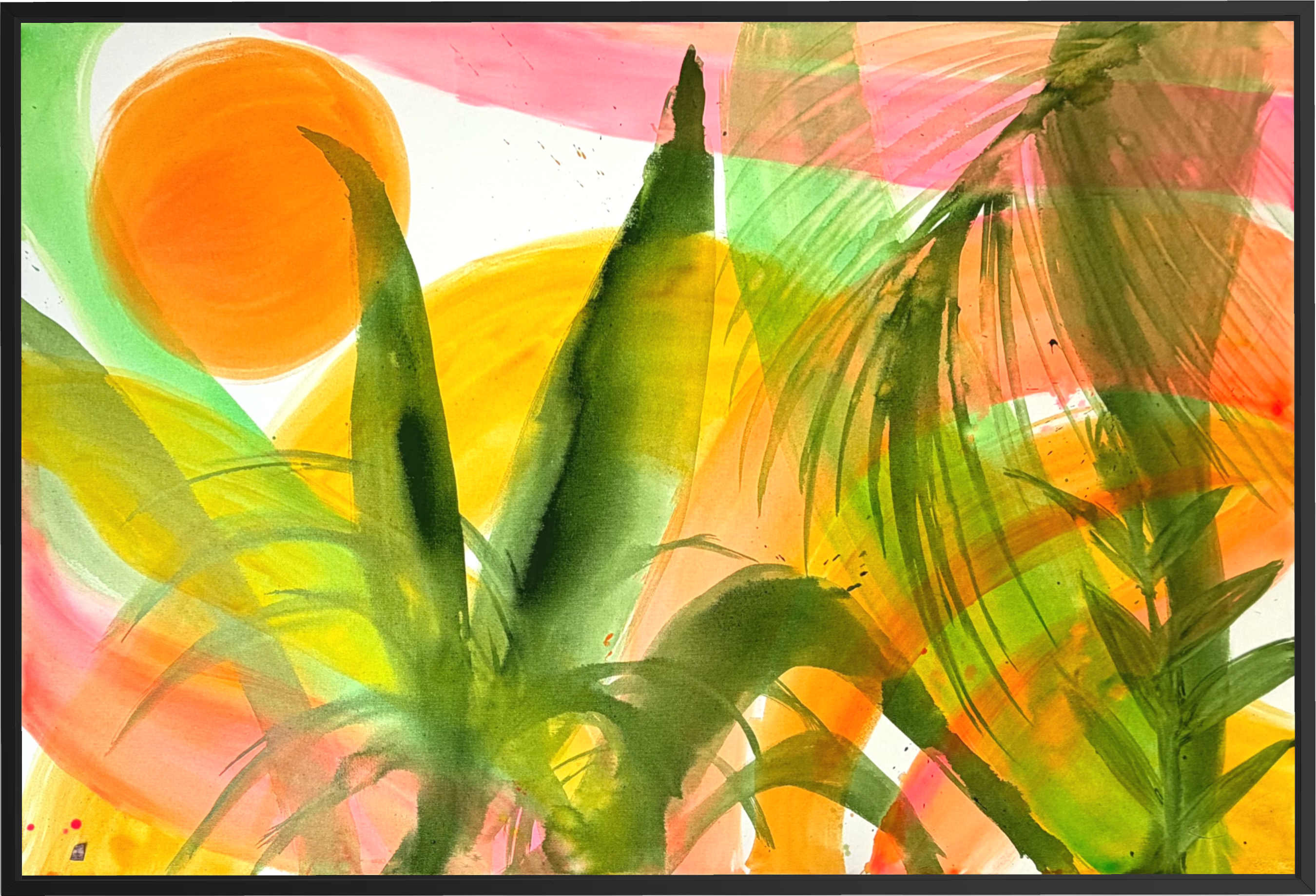 Fresh tropical abstract botanical art print featuring vibrant green foliage, a warm orange sun, and colorful expressive brushstrokes.