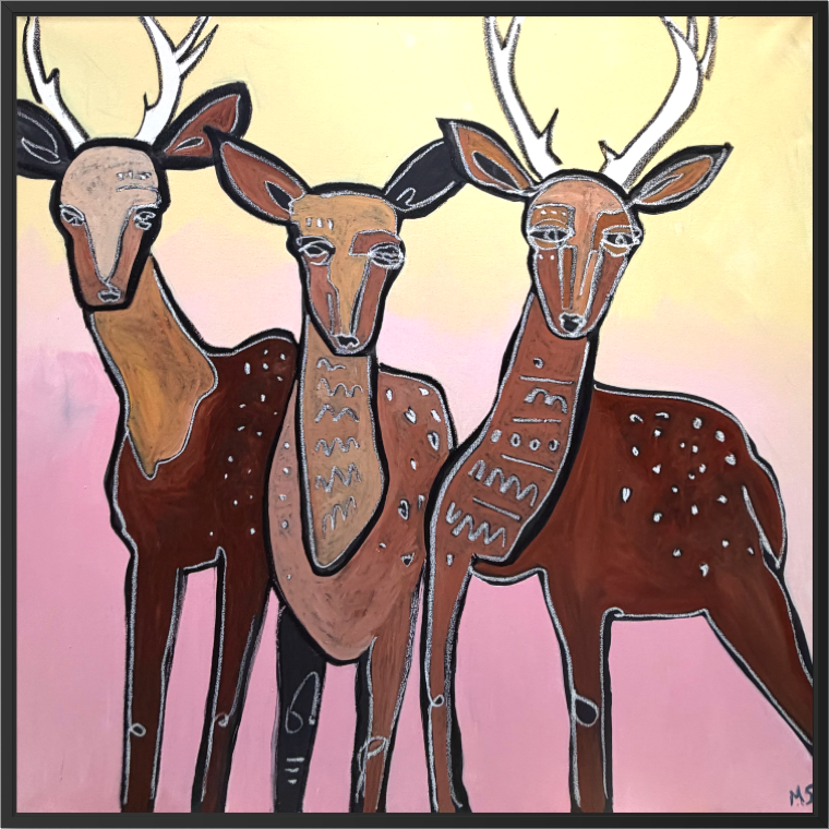 A stylized painting of three deer with  standing side by side, in brown, tan, cream, black tones against a soft yellow-to-pink background.