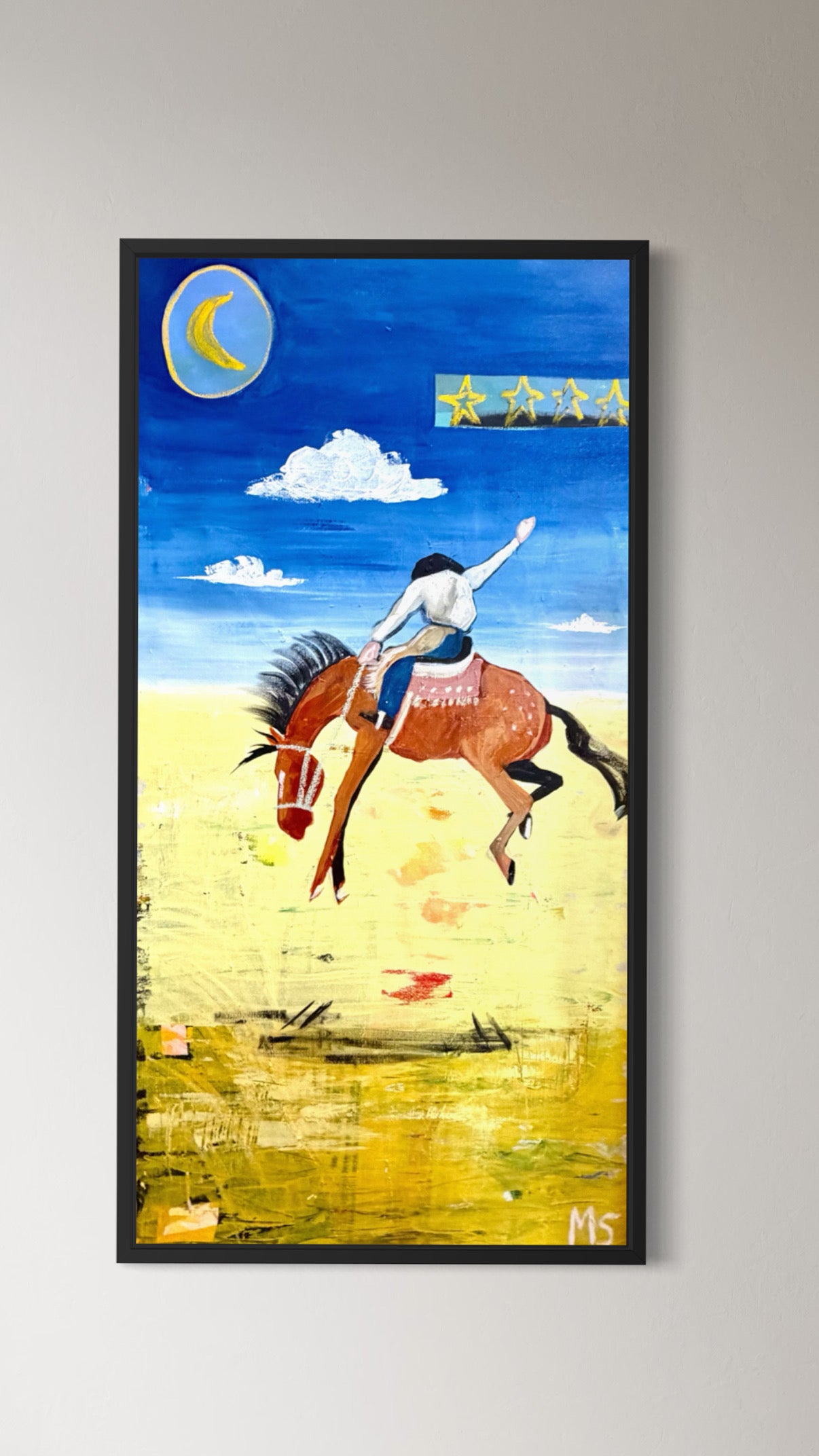 Colorful Western horse art print featuring a cowboy riding a horse beneath a bright blue sky in a contemporary style.