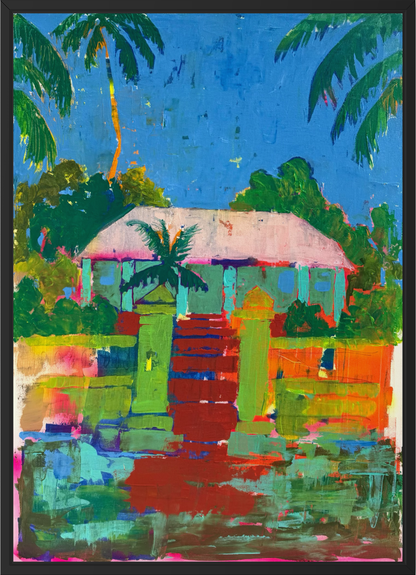 Colorful tropical house art print featuring a vibrant home surrounded by palm trees and lush greenery in a contemporary style.