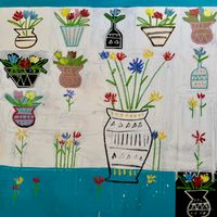  abstract floral painting acrylic titled i made you bouquets showing multiple stylized flower vases and pots on canvas.