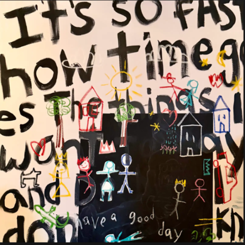 A square abstract artwork with layered black handwritten text overlaid with colorful childlike drawings including houses, trees, a sun, and hearts.