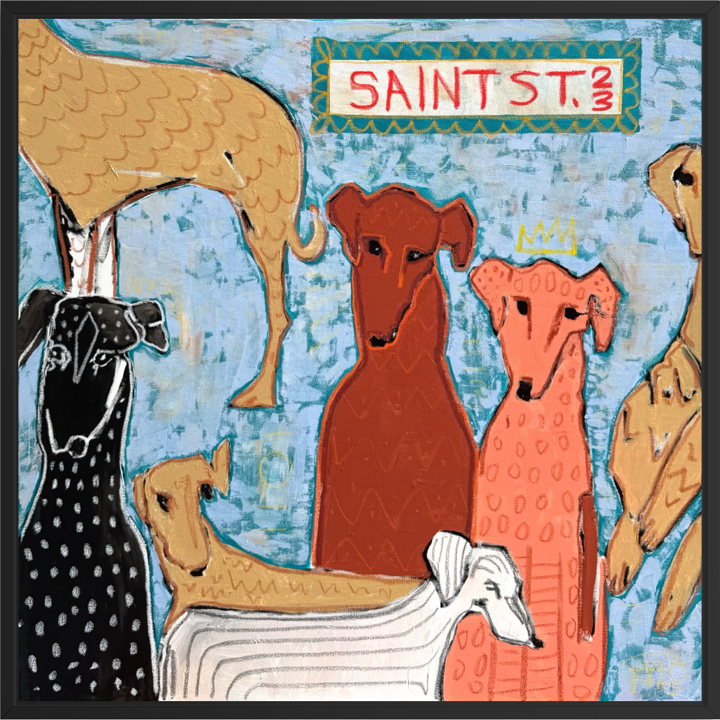 Illustration of dogs with 'Saint St.' text on a textured background.