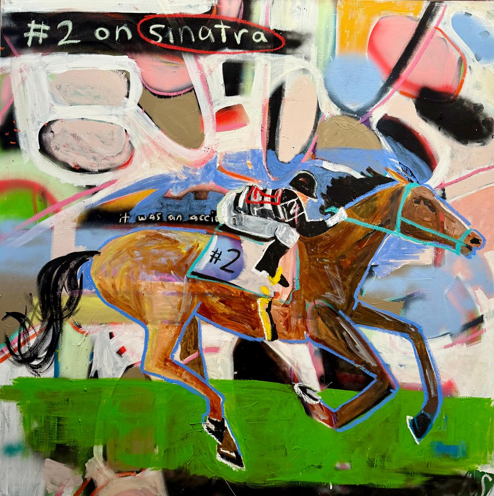 Equine canvas art featuring a jockey riding a racehorse in motion, created with acrylic, oil stick, and spray paint on canvas. 