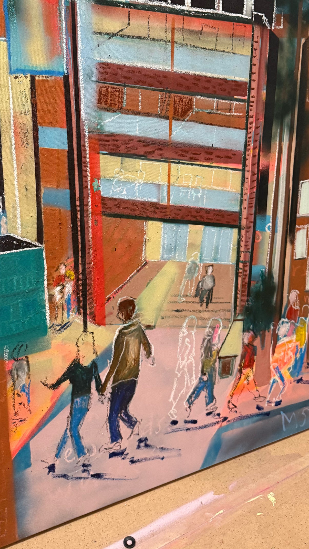 Original contemporary cityscape painting featuring people walking through an urban street with colorful buildings, created with acrylic, oil stick, and spray paint on canvas.