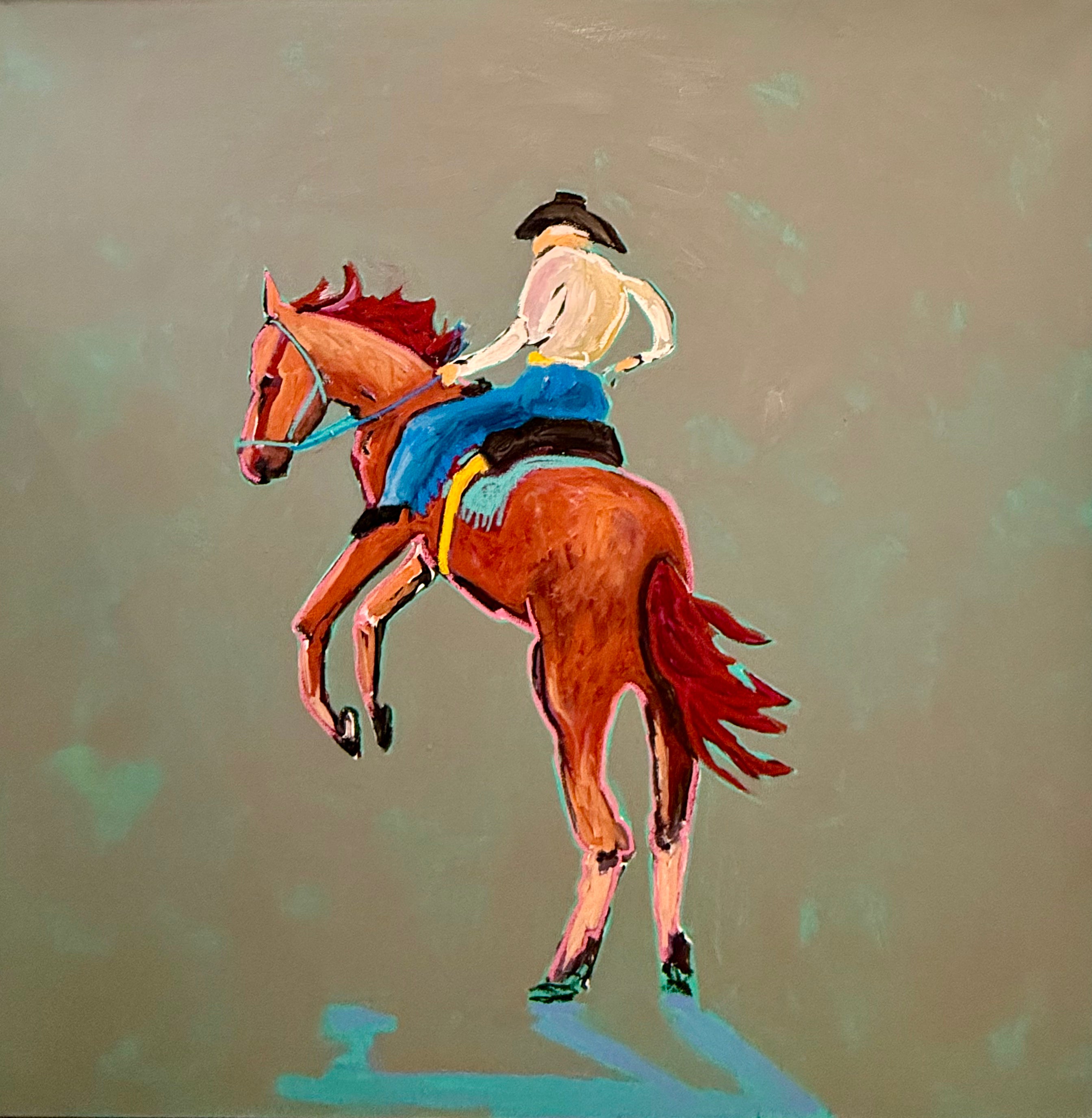 Original horse painting featuring a rider on a rearing chestnut horse, created with acrylic, oil stick, and spray paint on canvas.