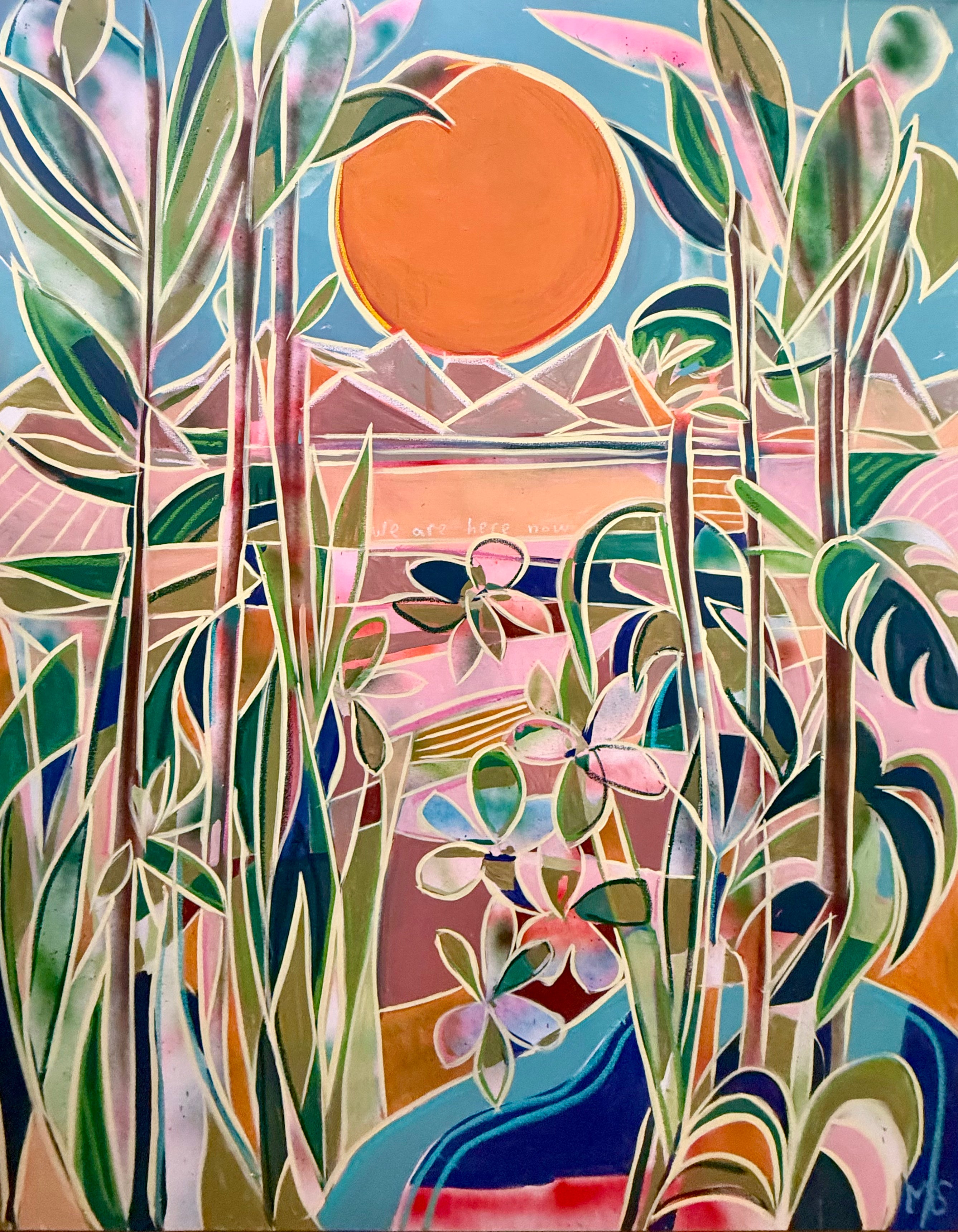 Colorful abstract landscape art with plants, flowers, and a sun.