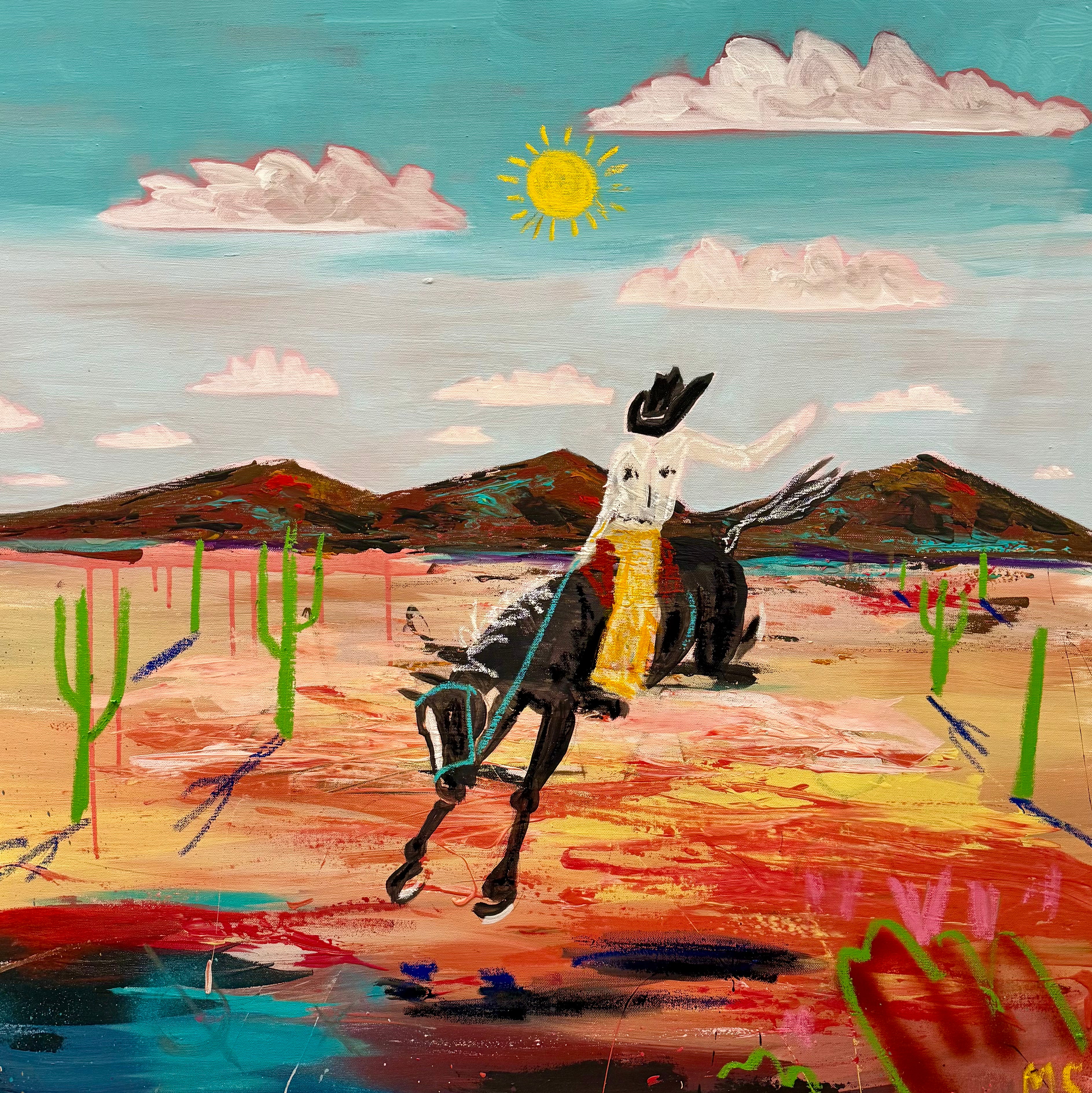 Southwestern art featuring a rider on horseback crossing a colorful desert landscape beneath a bright blue sky.