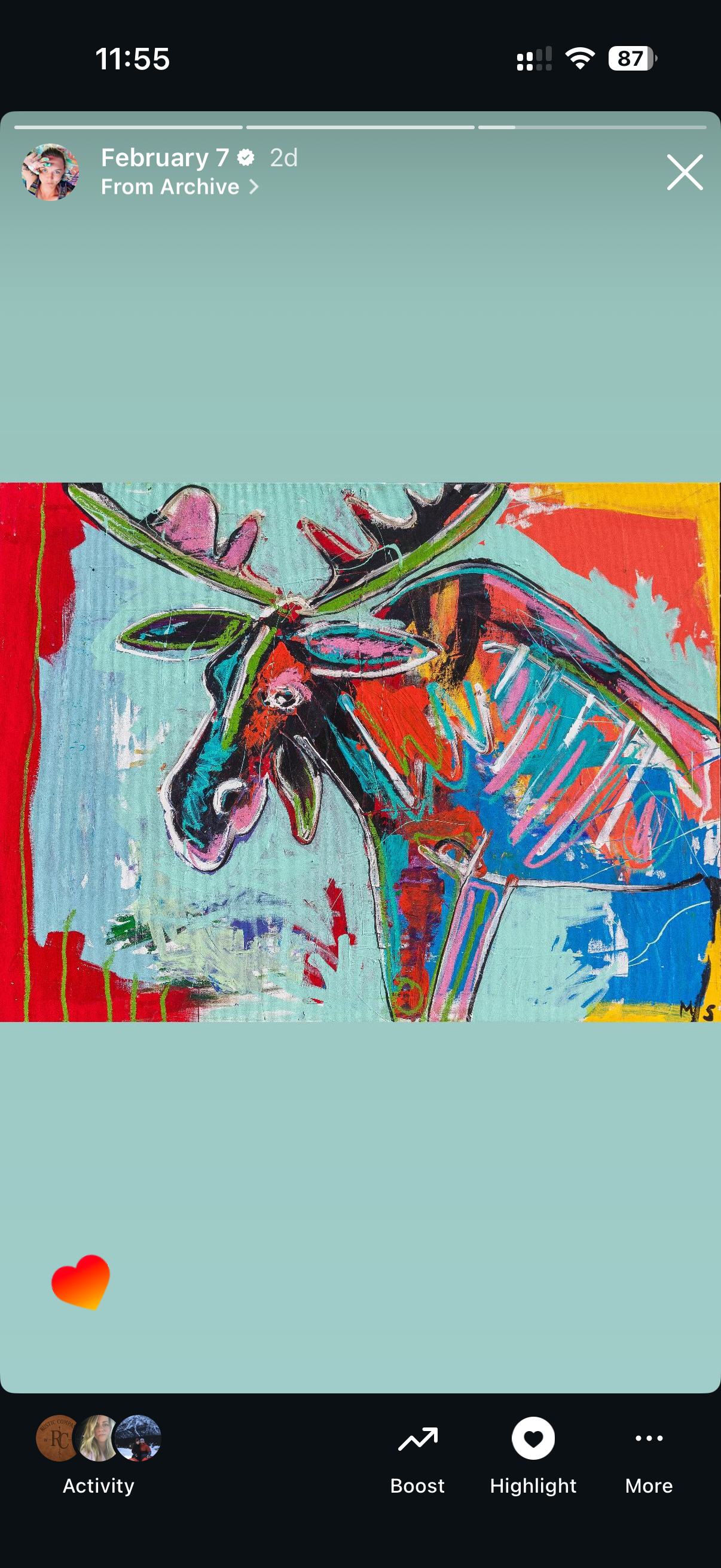 Colorful moose art print featuring expressive contemporary wildlife artwork in vibrant blue, red, and orange tones.