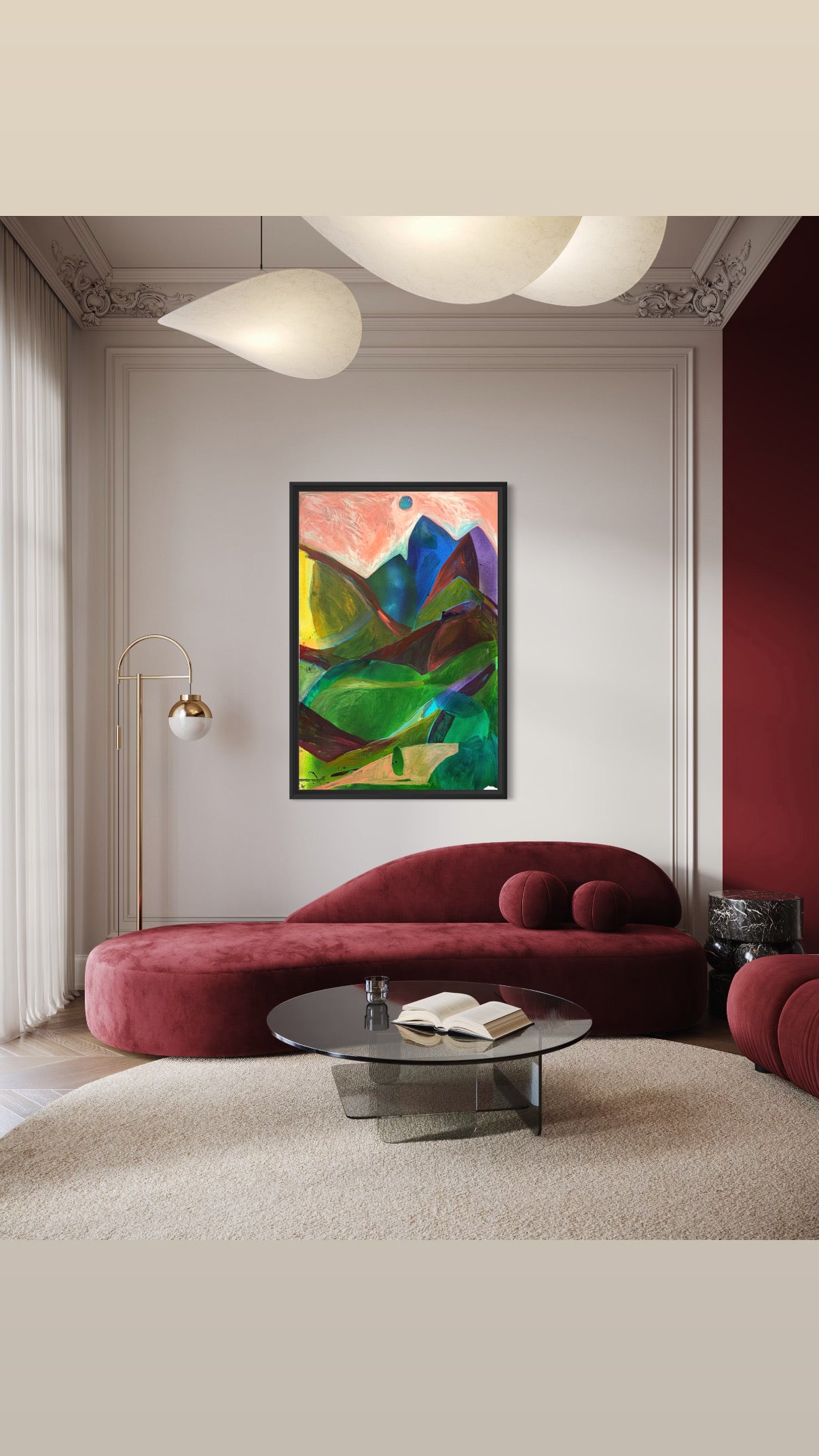 Colorful mountain landscape art print featuring rolling green hills, vibrant sky, and expressive contemporary artwork.