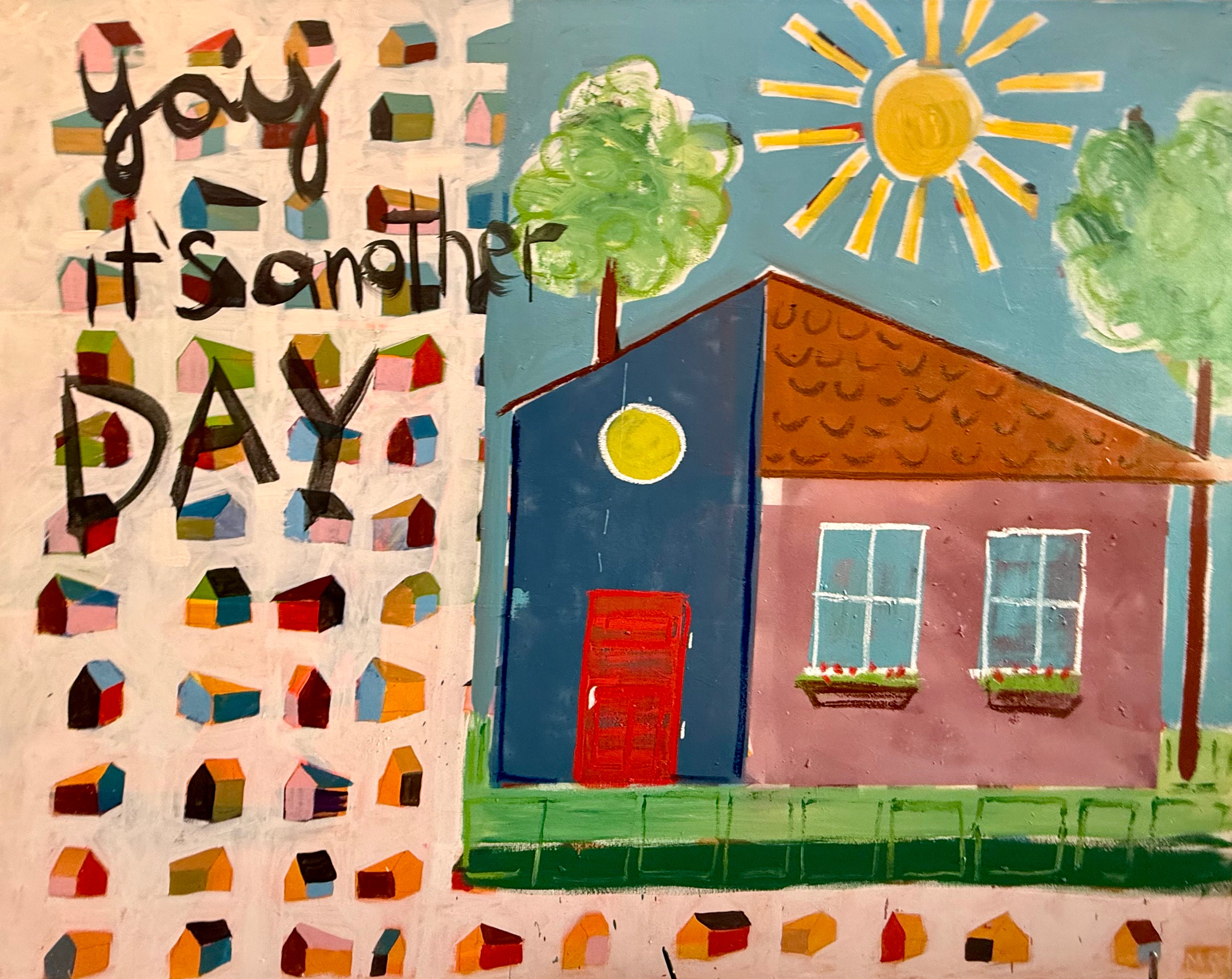 Children's artwork with a house, sun, and colorful text on a blue background.