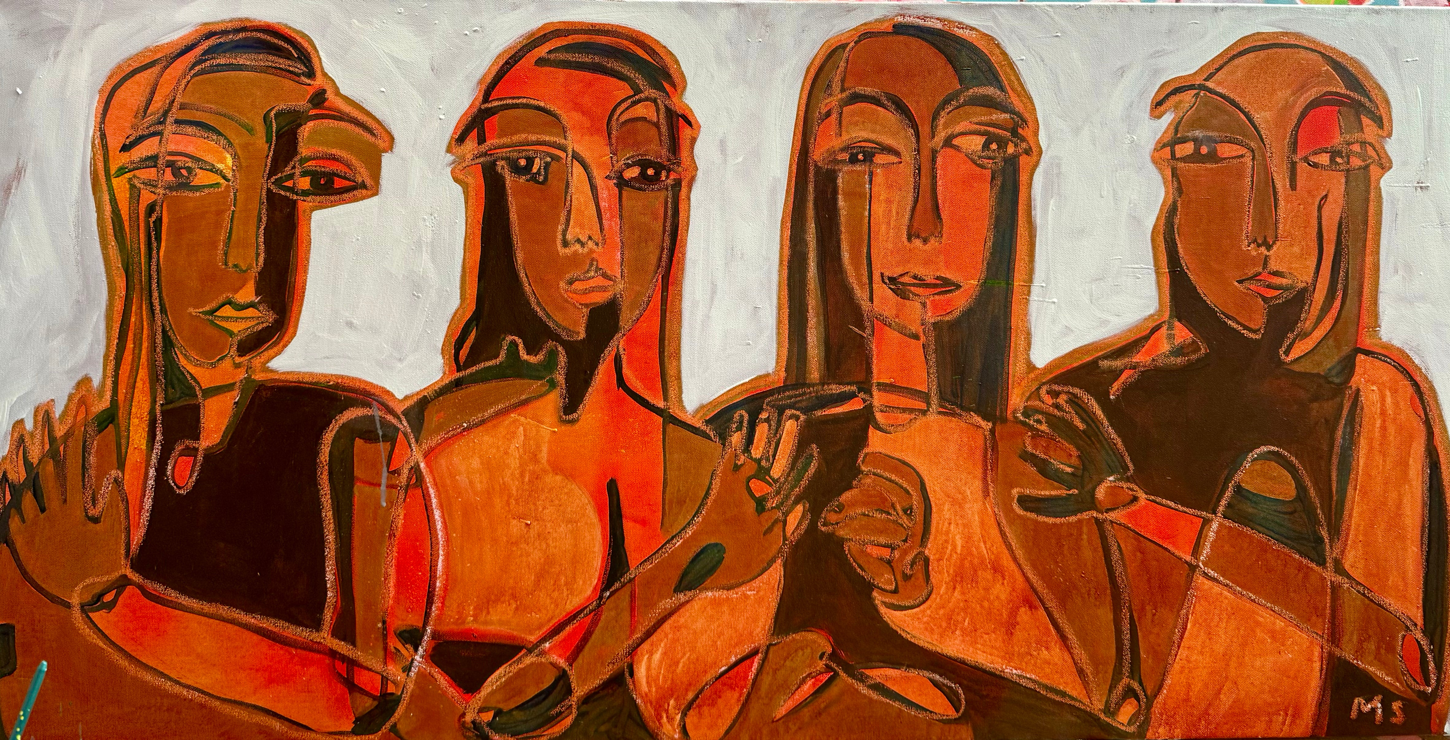 Abstract painting of four stylized female figures in brown and orange tones.