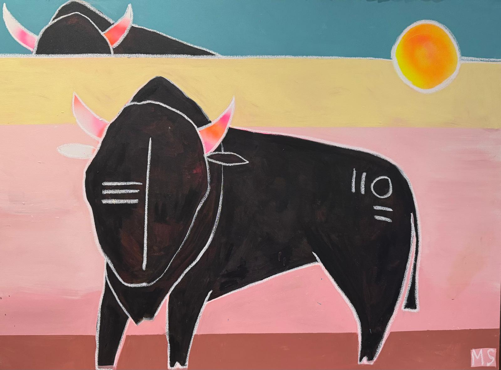 Wildlife artwork featuring a black buffalo beneath a glowing sun on a minimalist landscape, created with acrylic, oil stick, and spray paint on canvas.