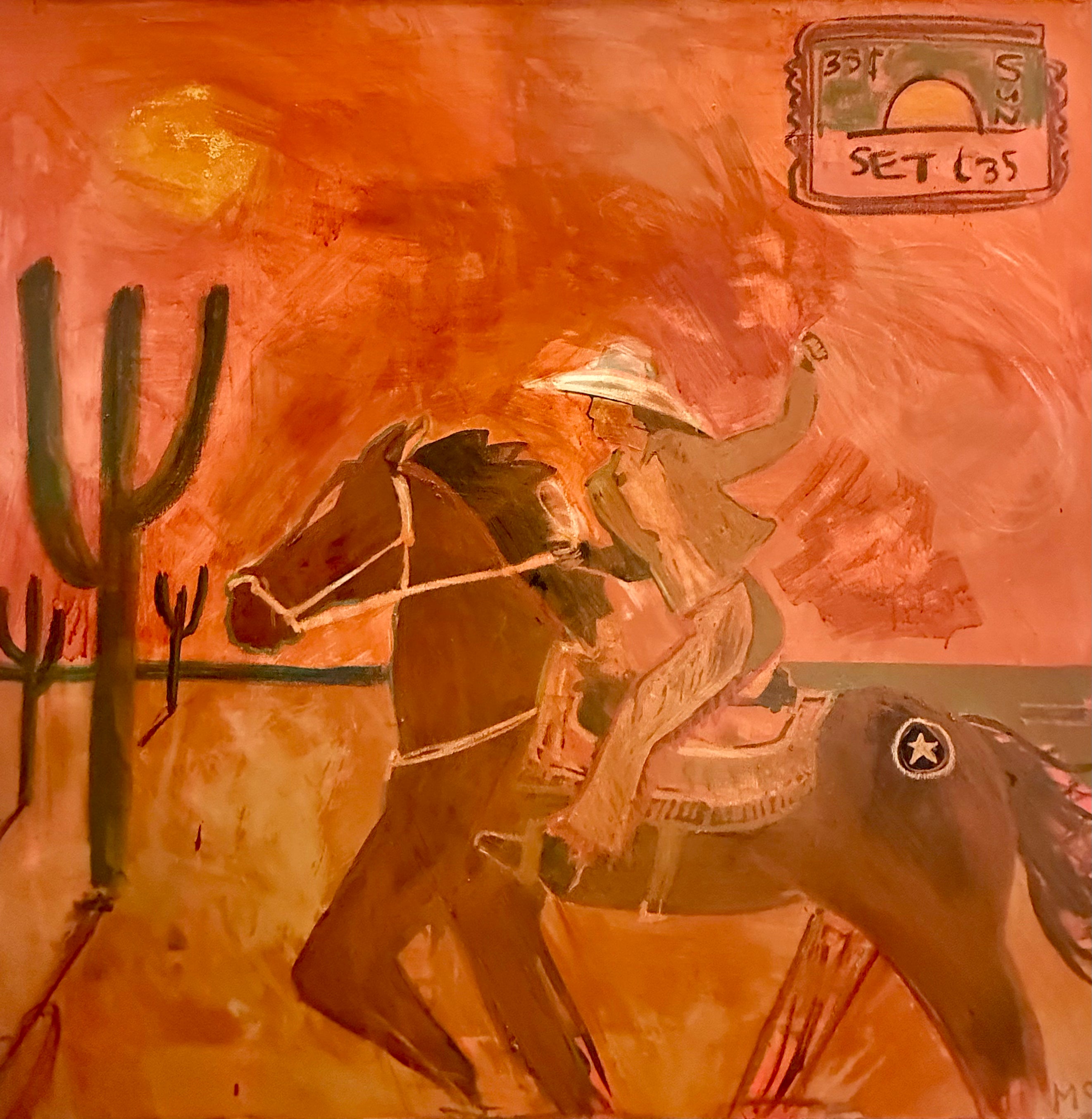 Cowgirl wall art featuring a horse rider in a glowing desert landscape created with acrylic, oil stick, ink, and spray paint on canvas.