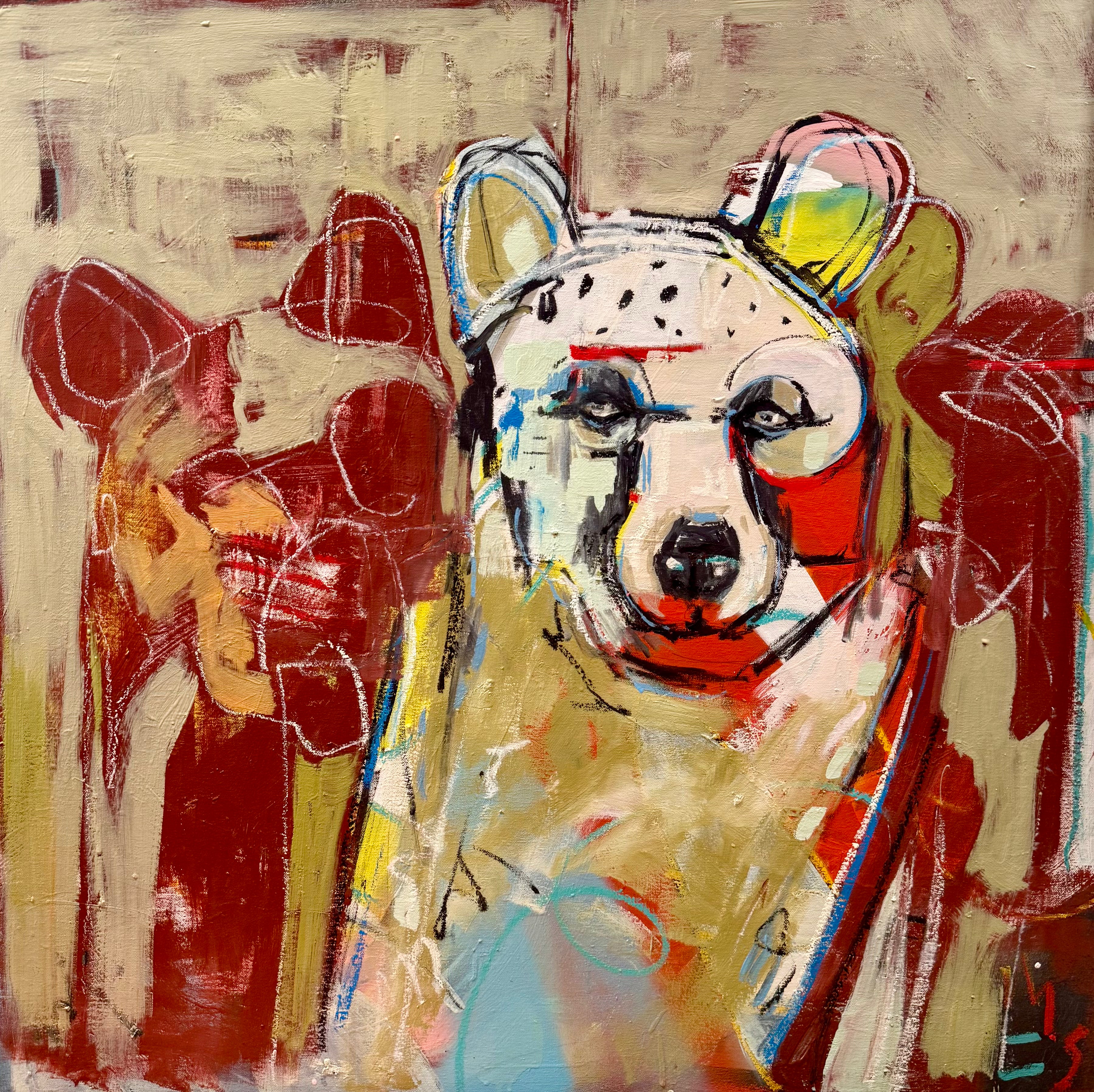 Animal art on canvas featuring an expressive bear portrait.