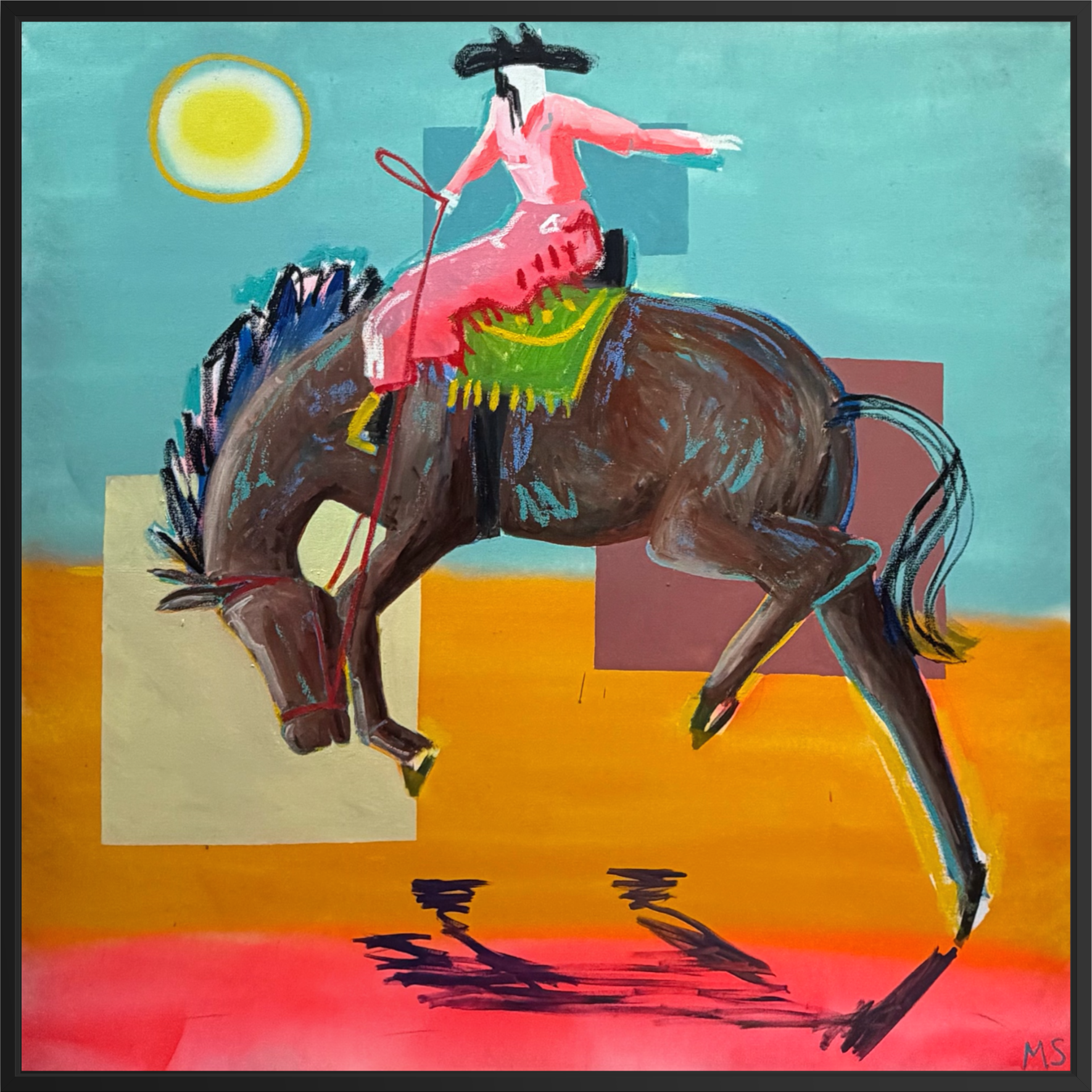 Original western horse painting featuring a rider on horseback, created with acrylic, oil stick, and spray paint on canvas in a bold expressive style.