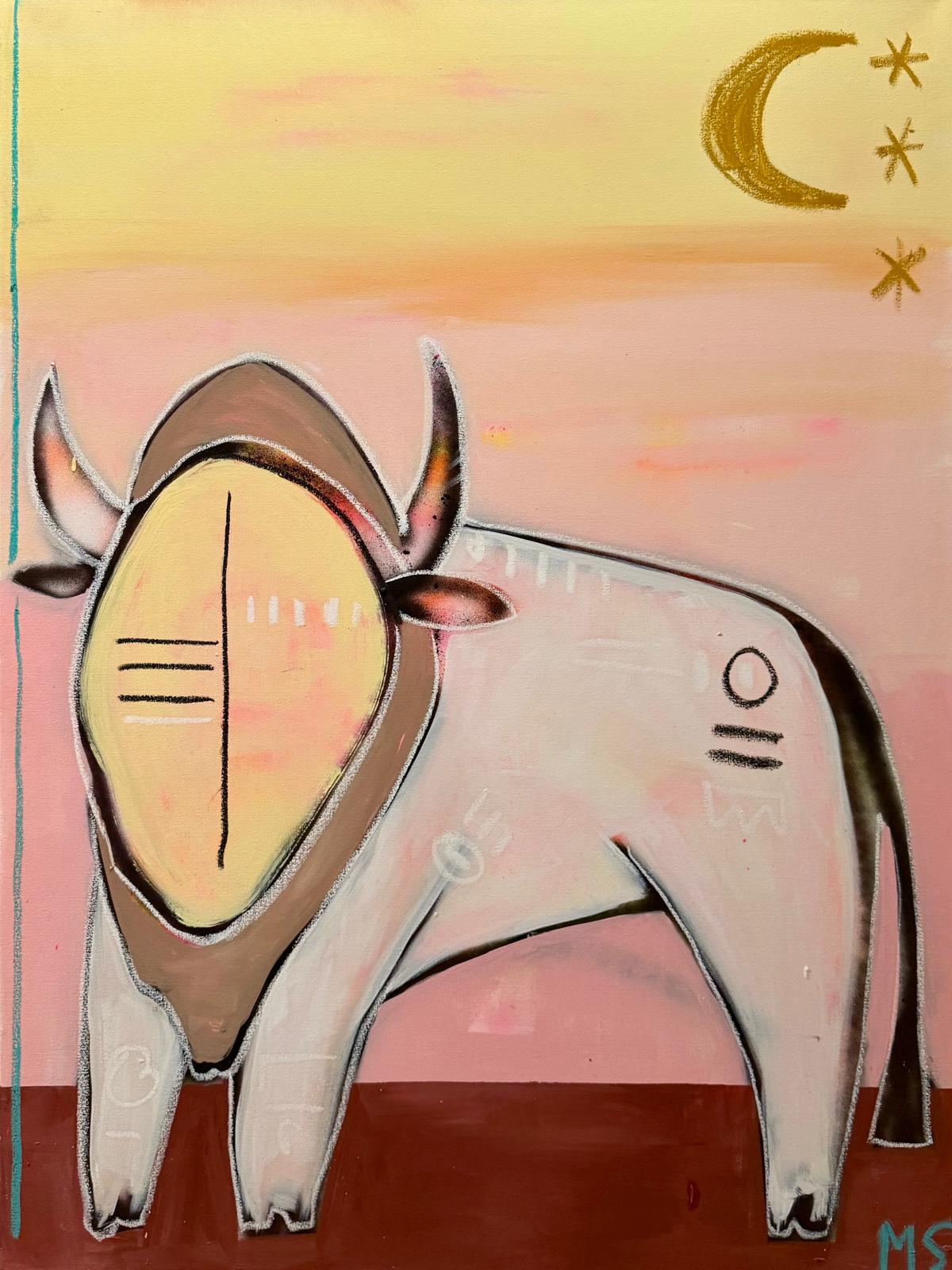 Buffalo canvas art featuring a lone buffalo beneath a crescent moon against a pastel sky, created with acrylic and oil stick on canvas.