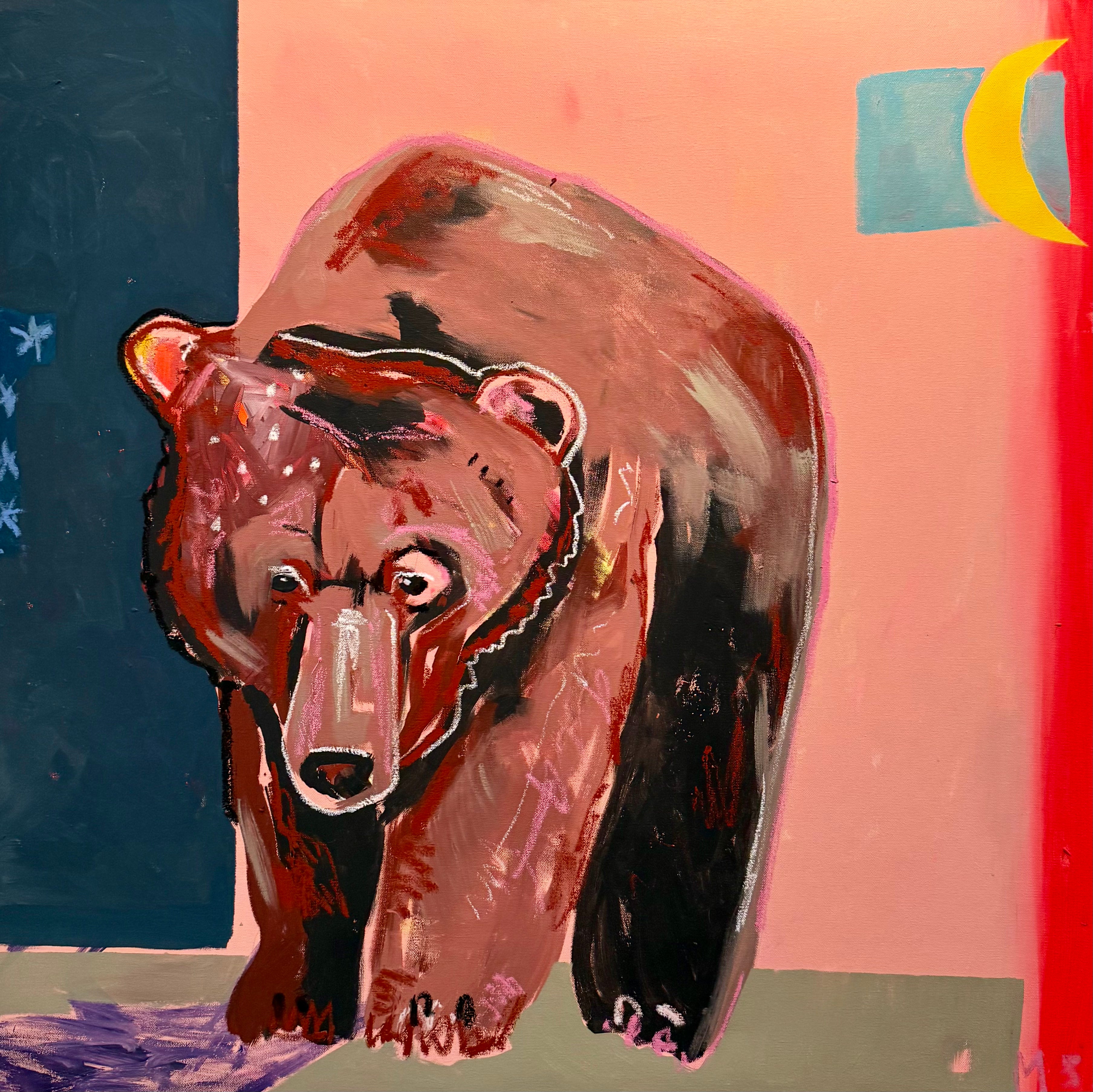 Painted bear figure with abstract background.