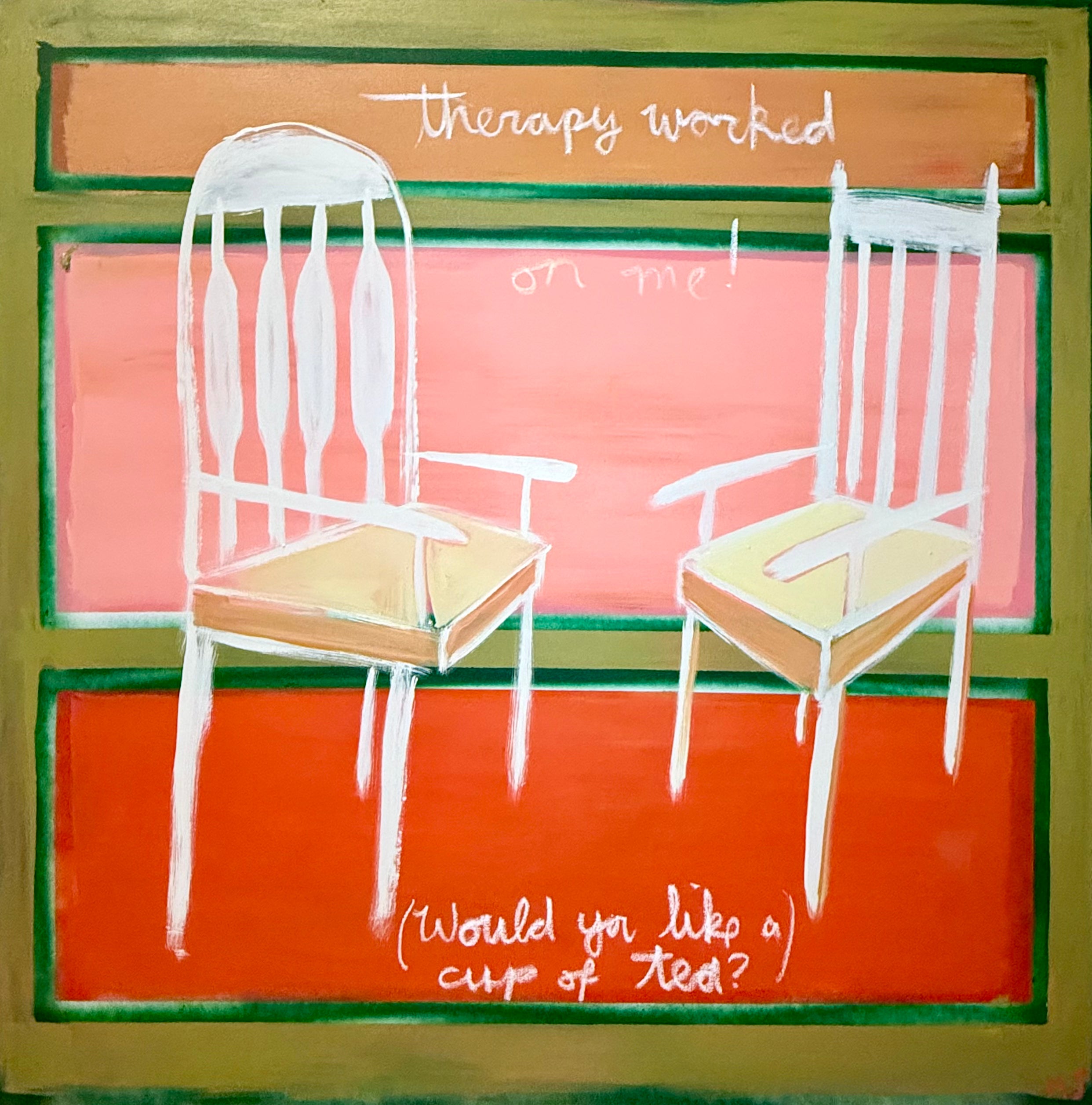 Healing artwork featuring two white chairs facing each other, symbolizing conversation and emotional connection, created with acrylic and oil stick on canvas.