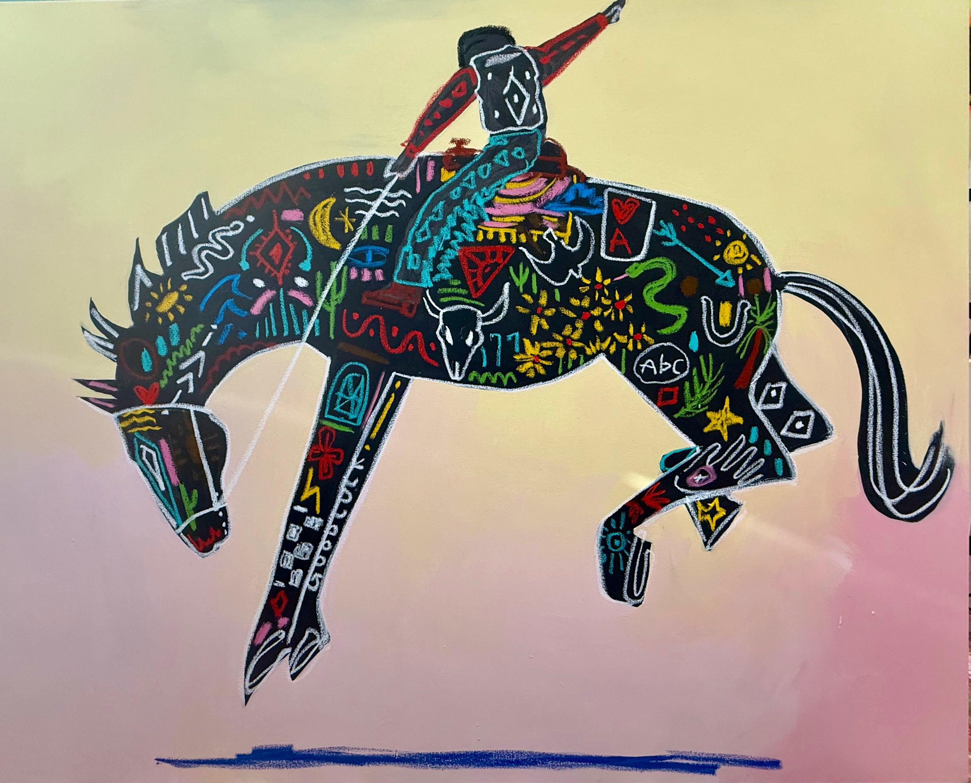 An original 48x60 large scale rodeo art canvas titled Sticker that suitcase showing a stylized horse and rider covered in colorful abstract patterns.
