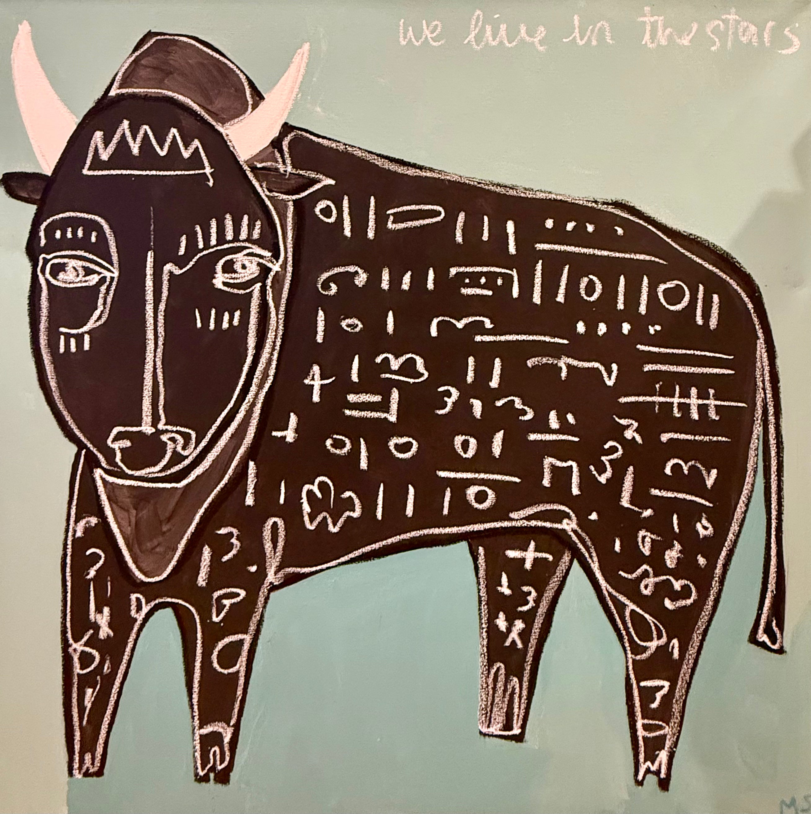 Abstract art of a bull with geometric patterns on a light blue background, featuring the text 'we live in the stars'.