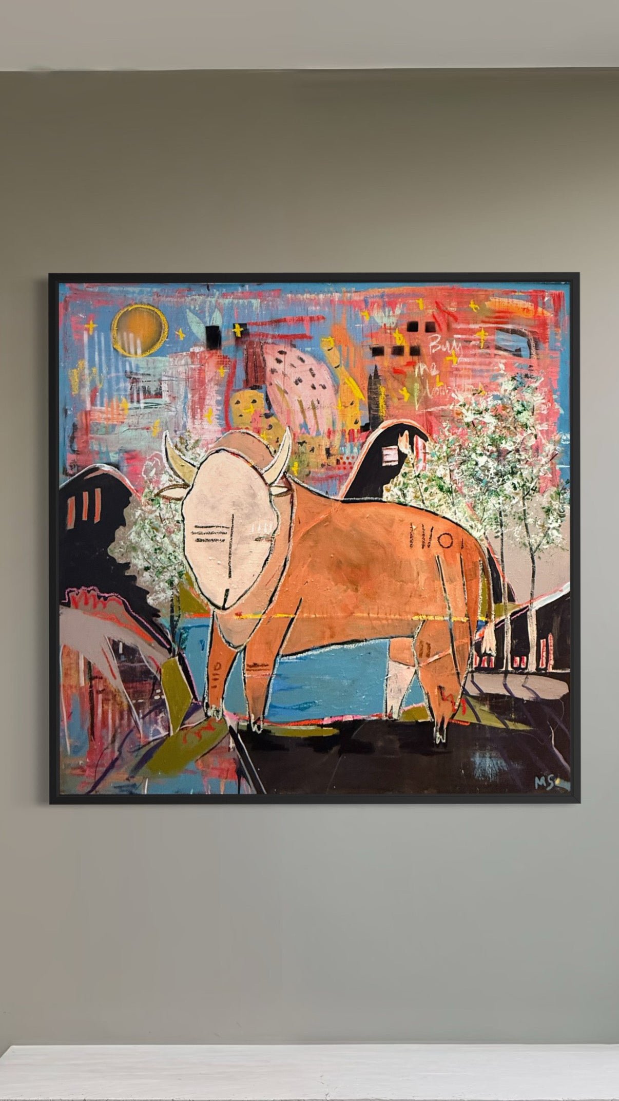 Original figurative acrylic painting on canvas featuring a colorful expressive animal figure with layered textures and abstract details.