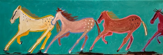 colorful painting of five horses running on a blue background ein arcylic and oil stick on canvas 