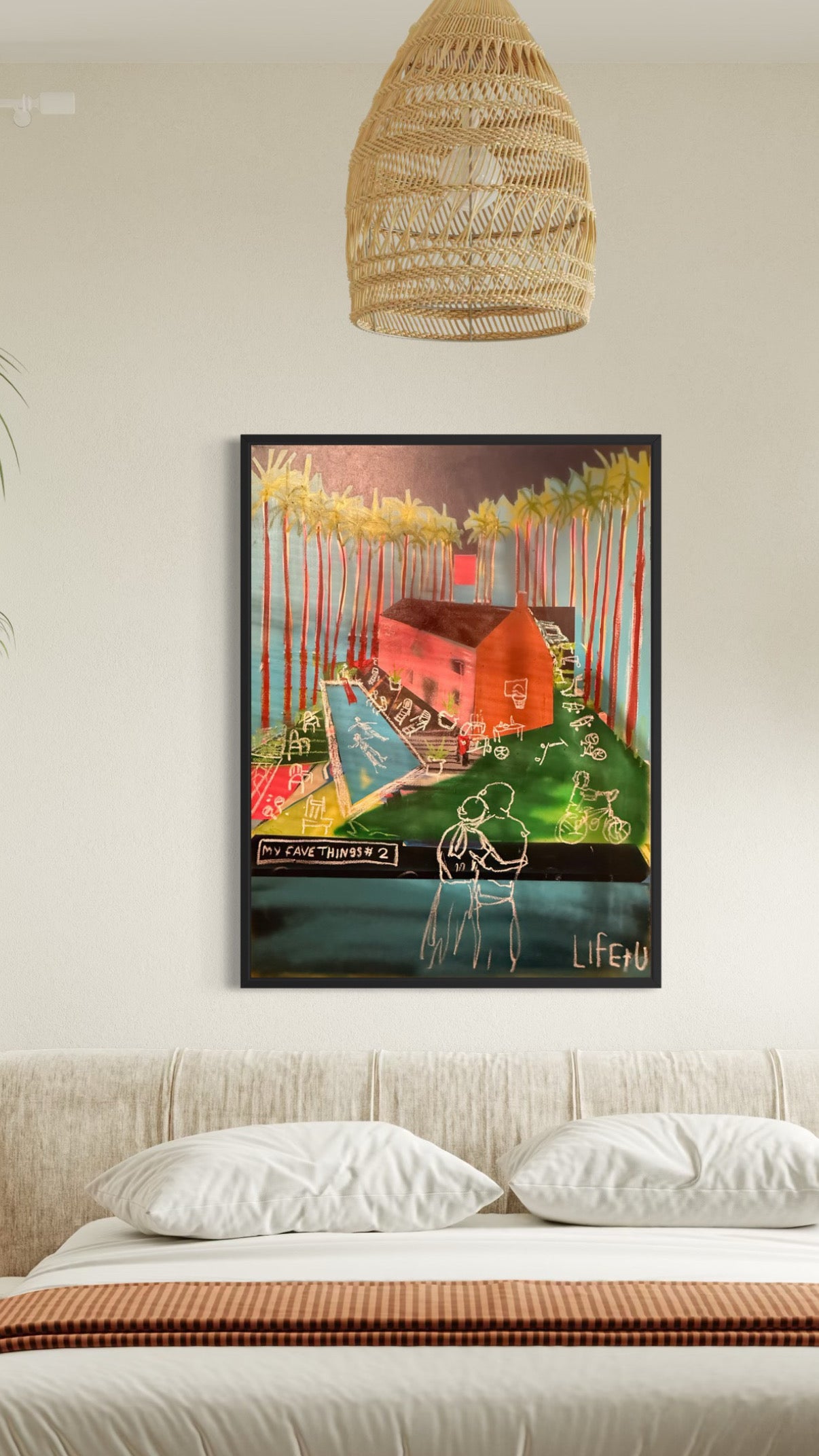 Framed artwork on a wall above a bed with a wicker basket light fixture.