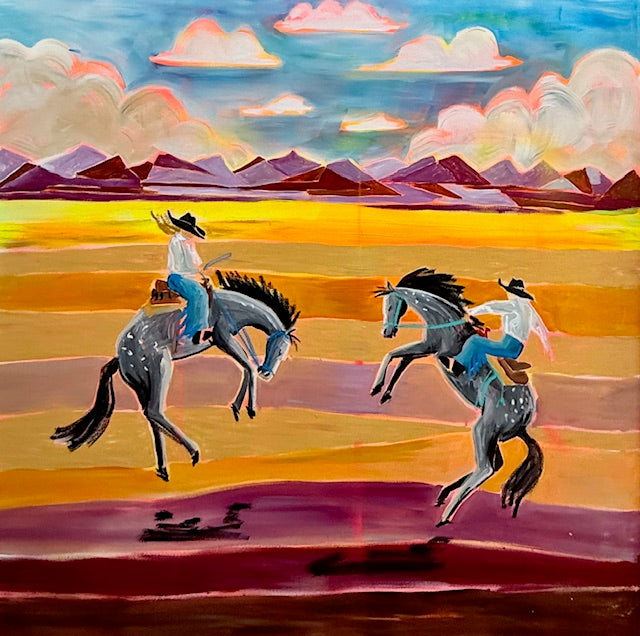Handmade painting of two friends riding horses under a beautiful sky, crafted with natural colours, celebrating nature’s rare and stunning beauty.