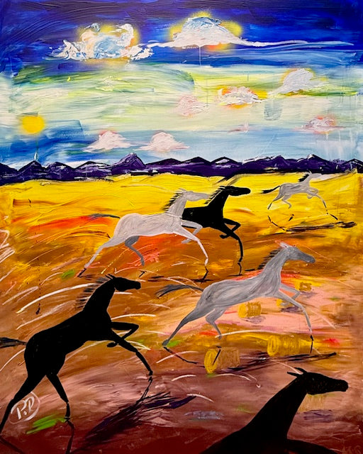 Colorful painting of wild horses running across a golden field under a bright blue sky