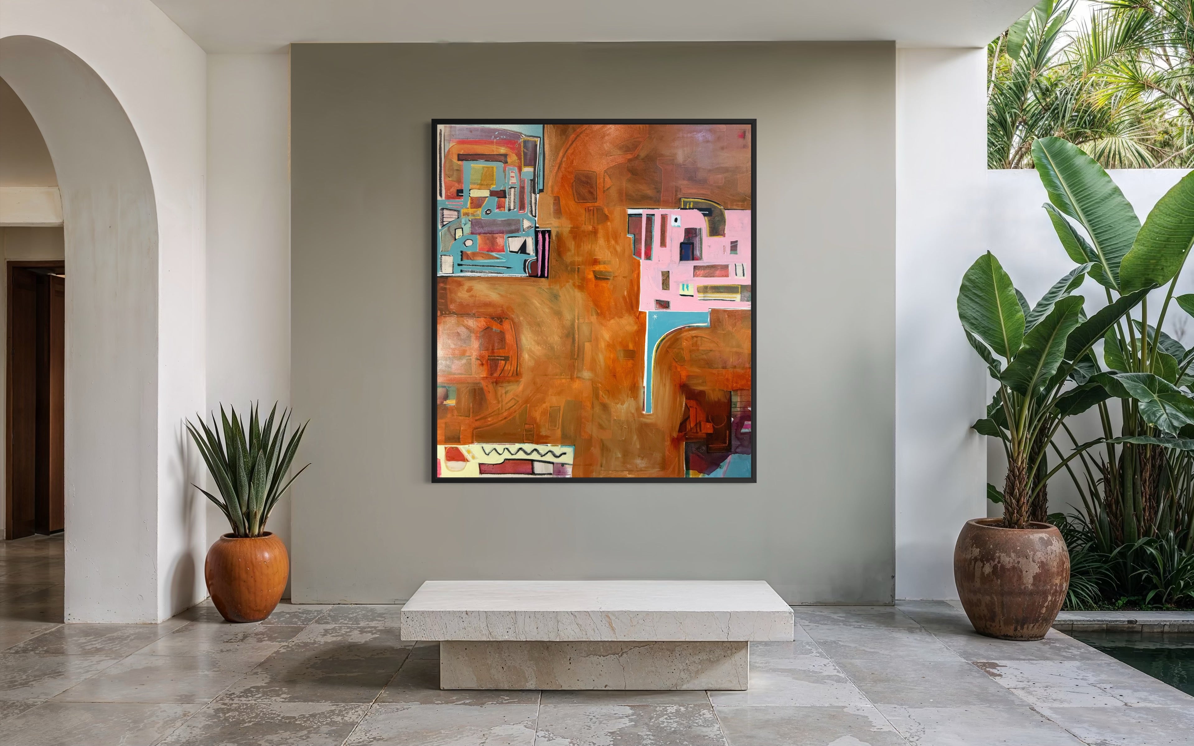 Modern interior with abstract painting, bench, and potted plants.