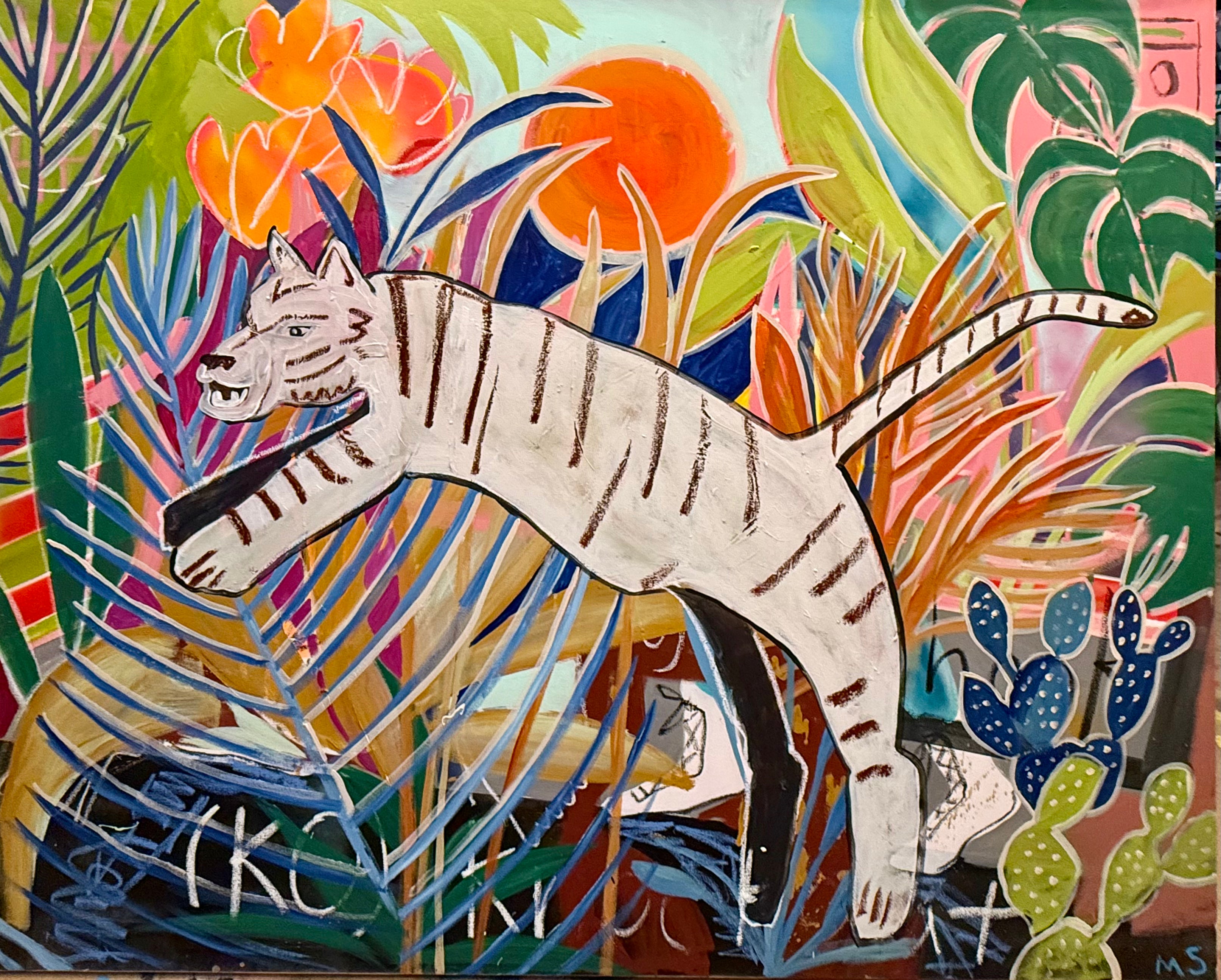 Colorful wildlife artwork of a tiger in a jungle setting with vibrant plants and flowers.