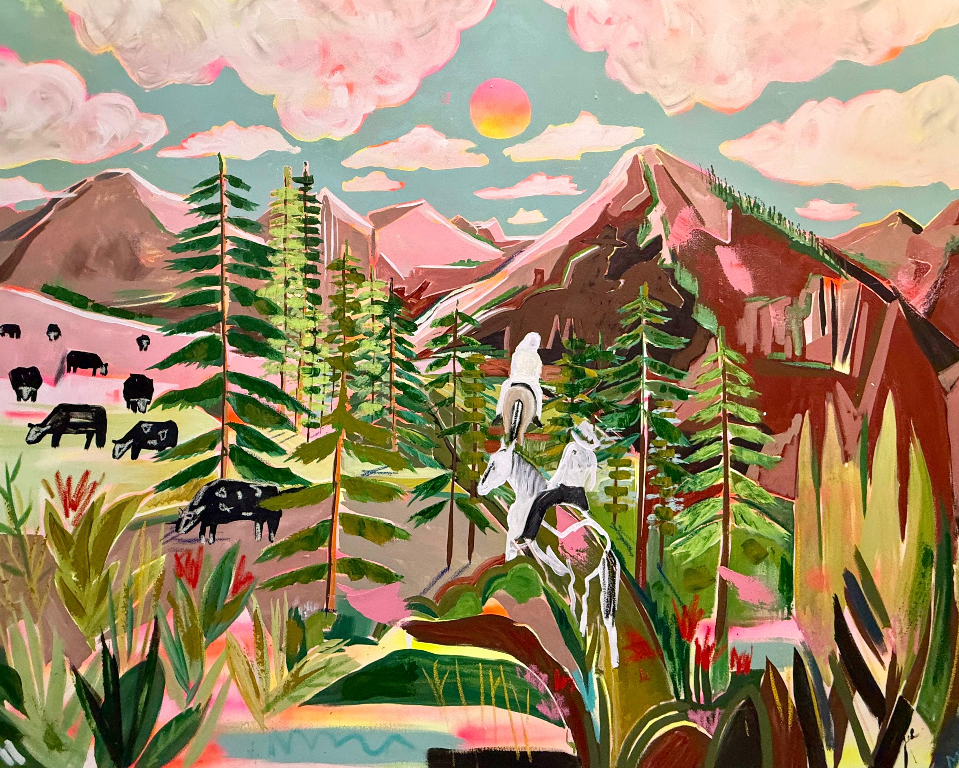 Colorful landscape painting with mountains, trees, and animals in a stylized manner.