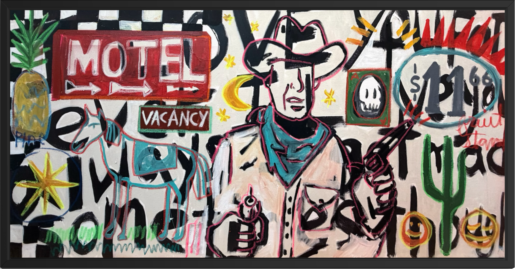 Original contemporary cowboy painting featuring a western figure, expressive typography, and layered graphic elements on canvas.