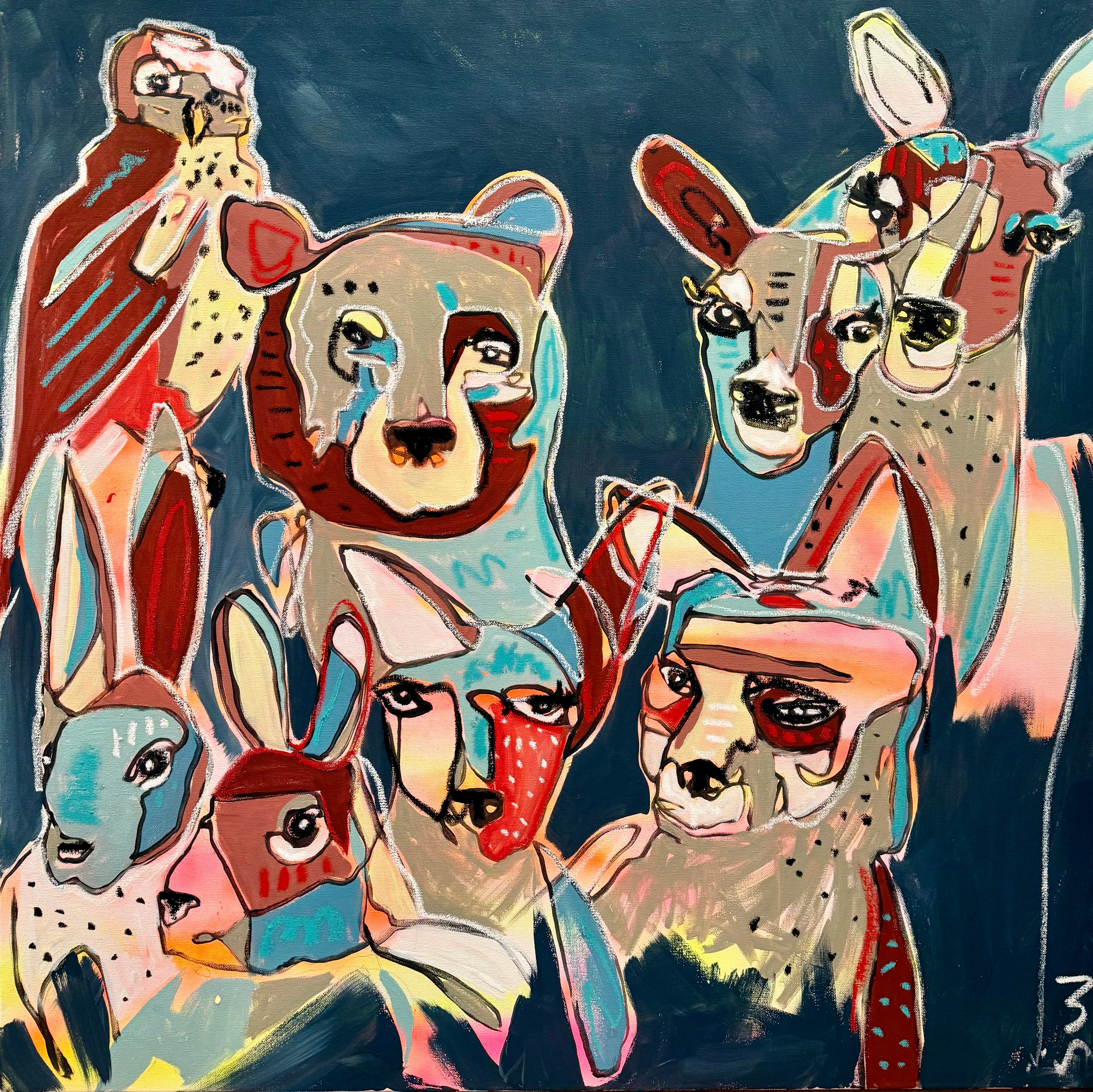 Colorful abstract painting of various animal faces on a dark background.