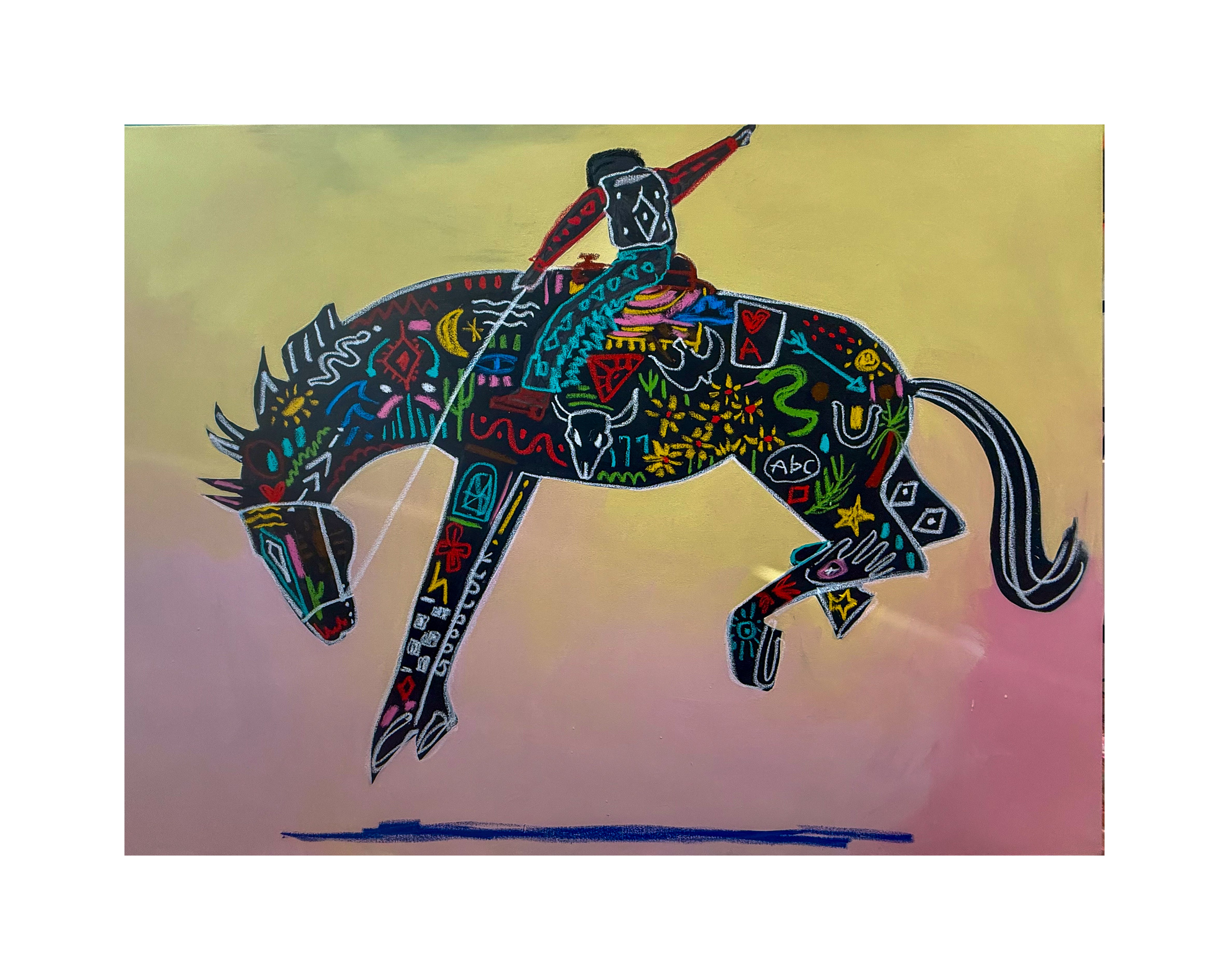 equestrian print featuring colorful horse and rider.